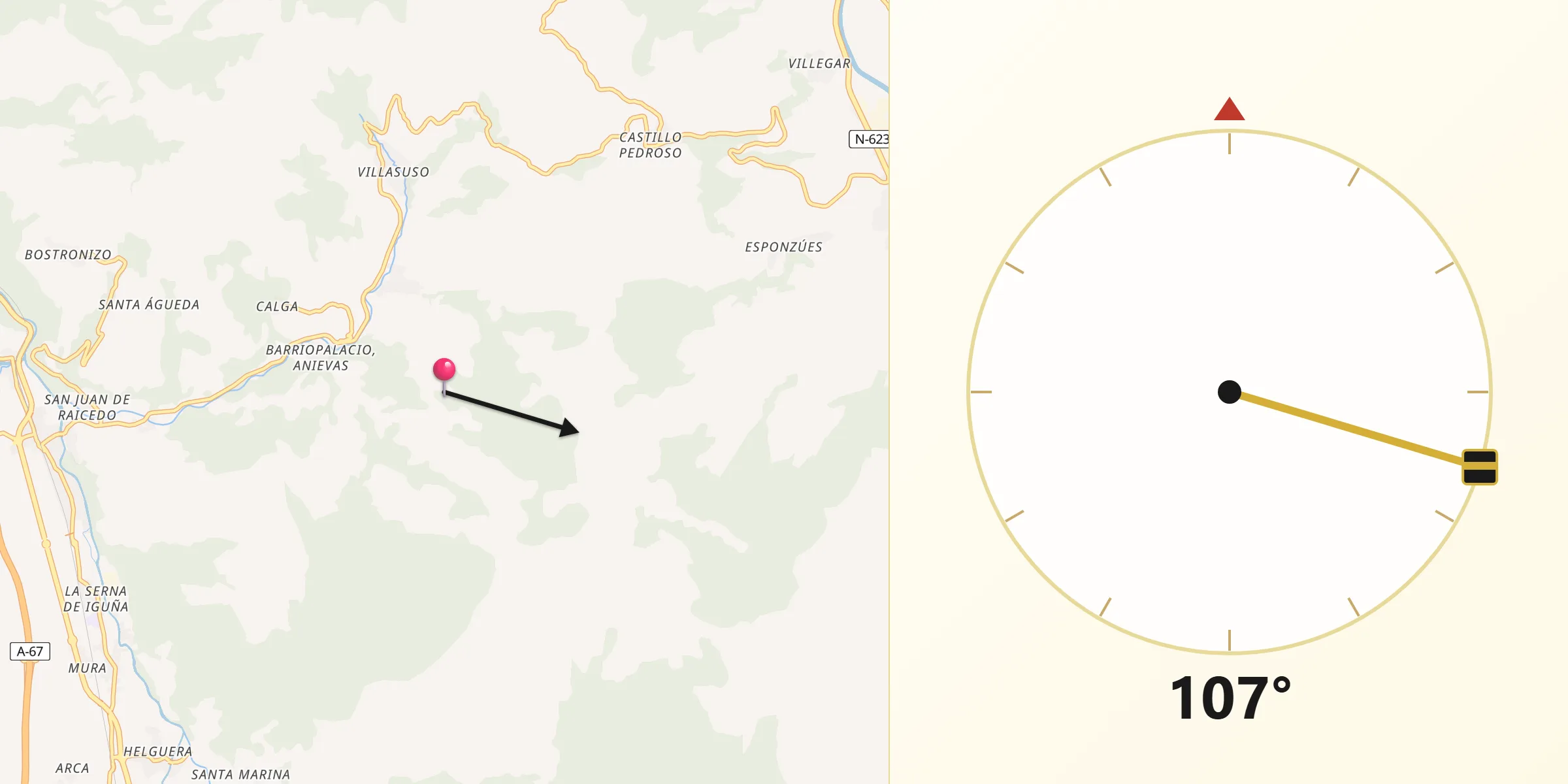 Dirección de la Qibla desde Anievas
