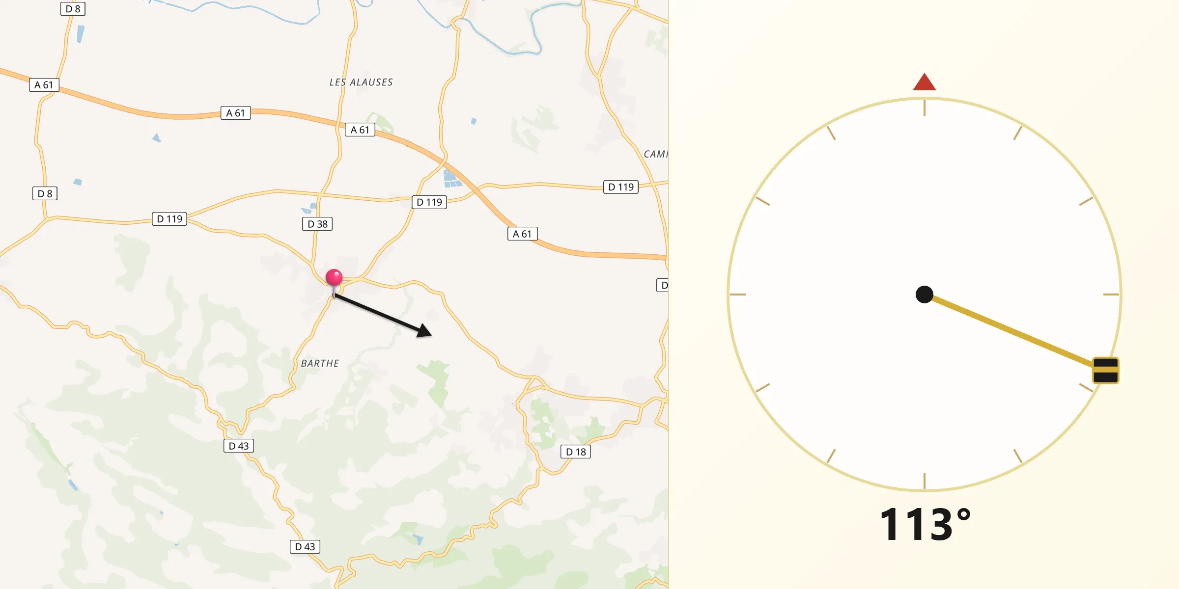 Direction vers la Qibla depuis Arzens