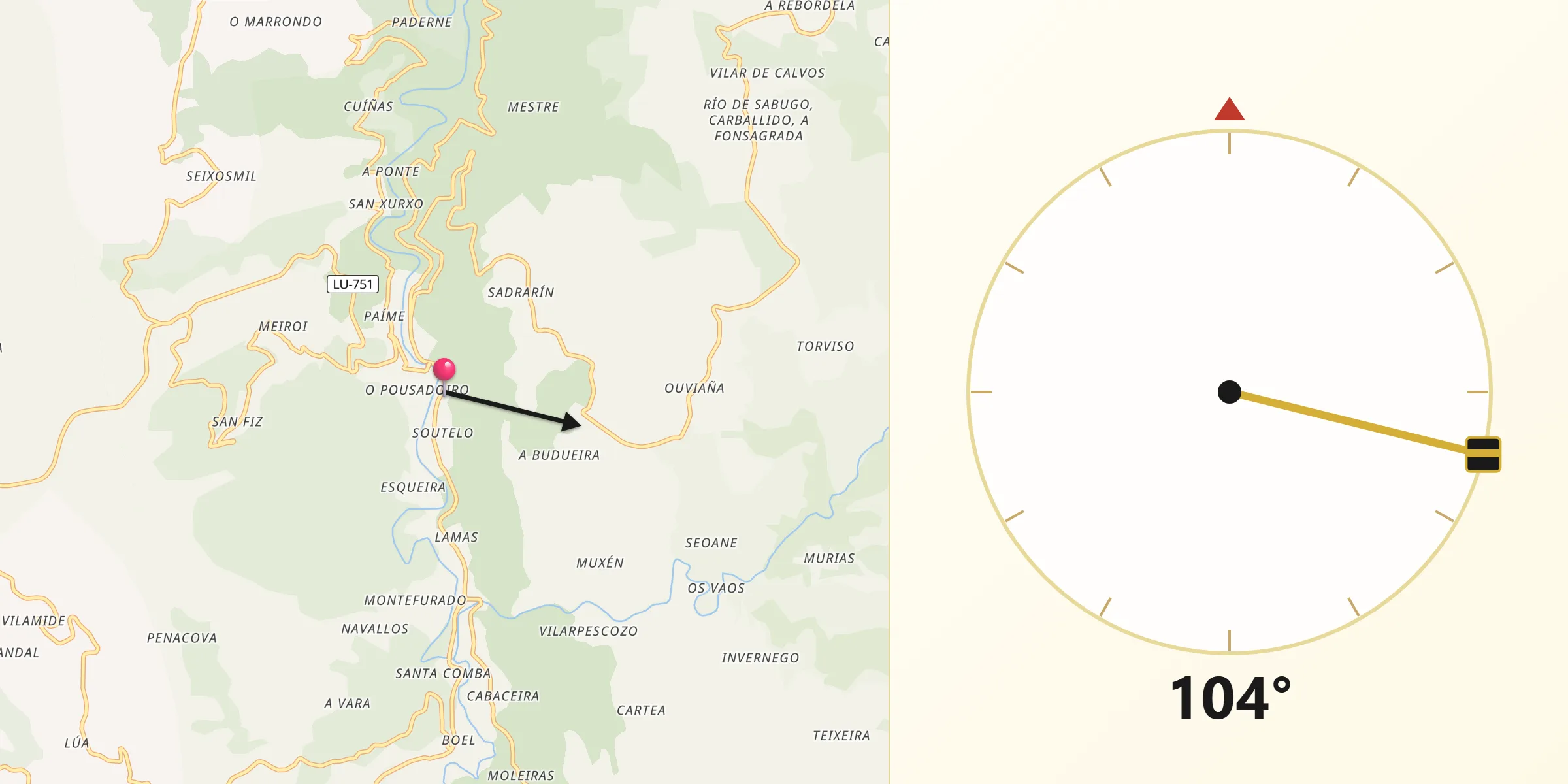 Dirección de la Qibla desde Ribeira de Piquín