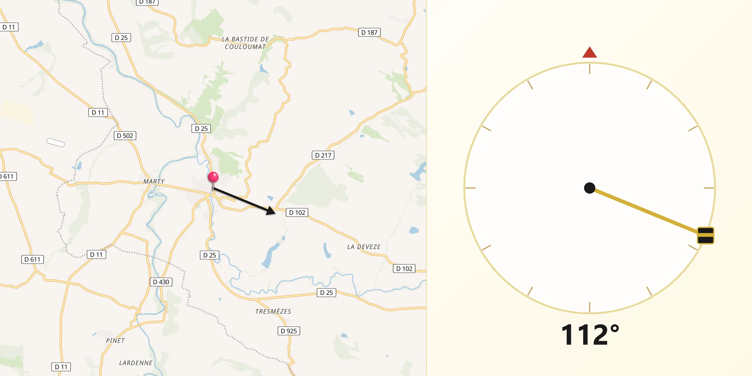 Direction vers la Qibla depuis Belpech