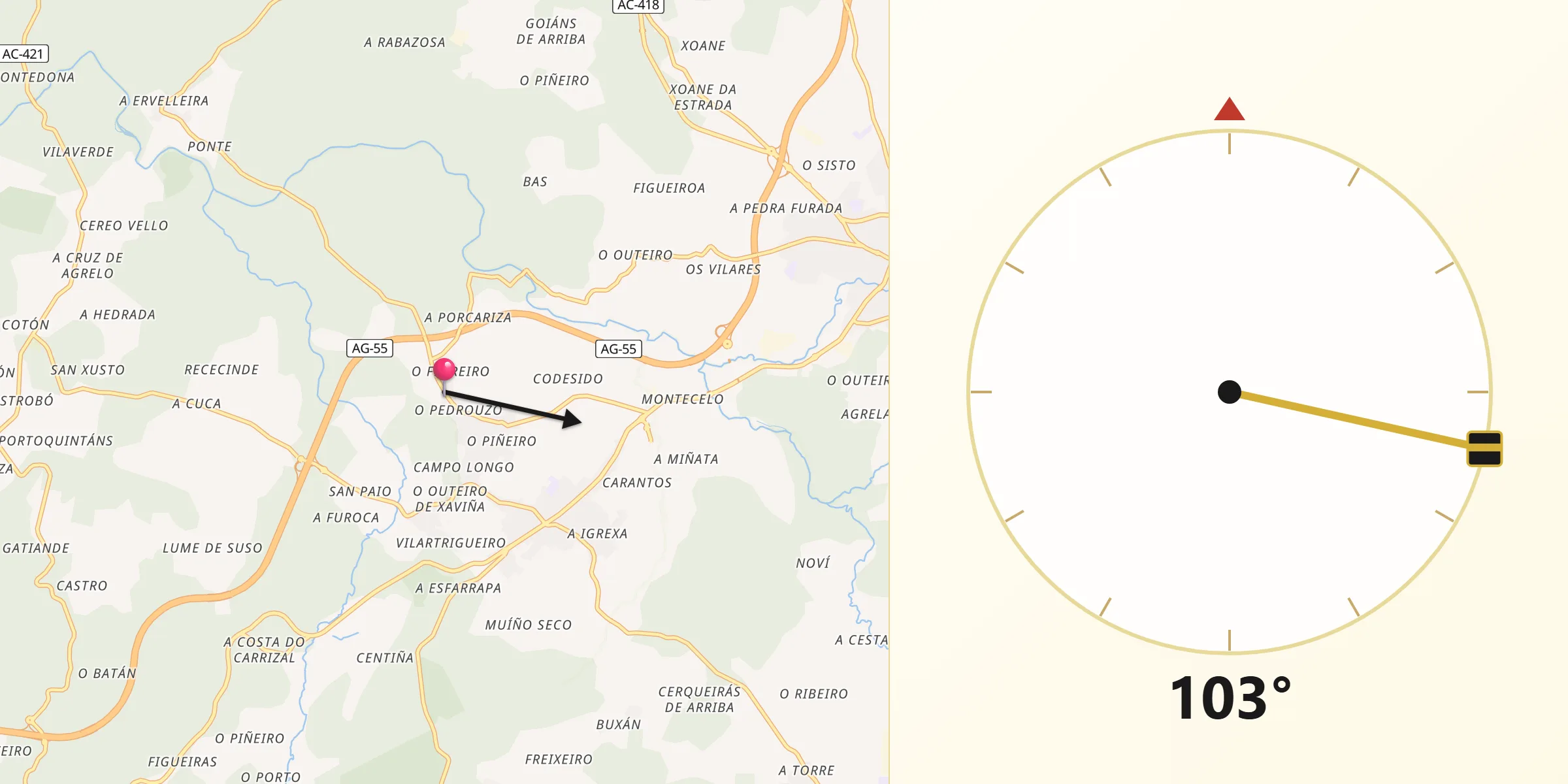 Dirección de la Qibla desde Coristanco