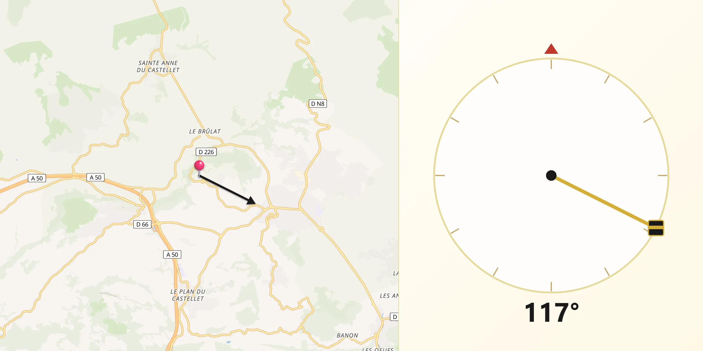Direction vers la Qibla depuis Le Castellet