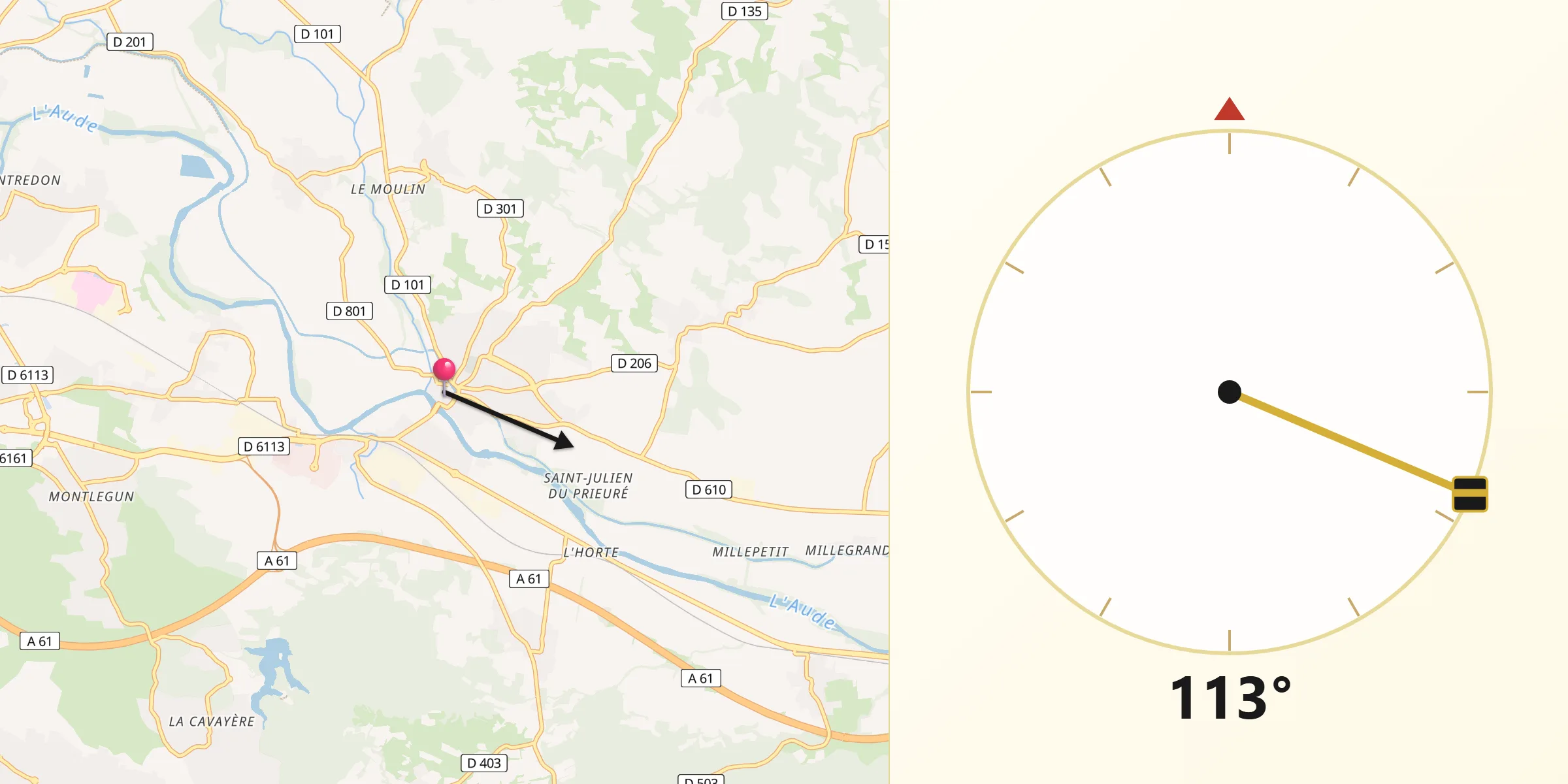Direction vers la Qibla depuis Trèbes