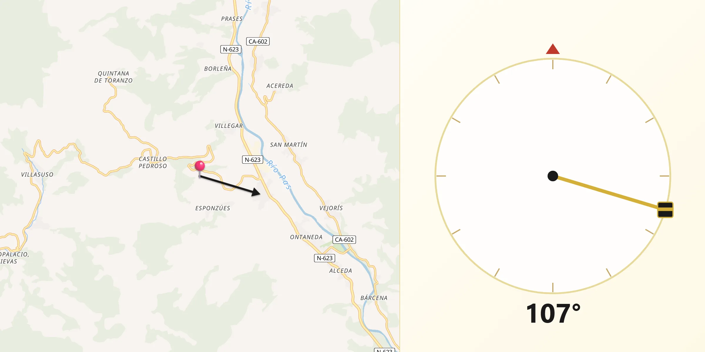 Dirección de la Qibla desde Corvera de Toranzo