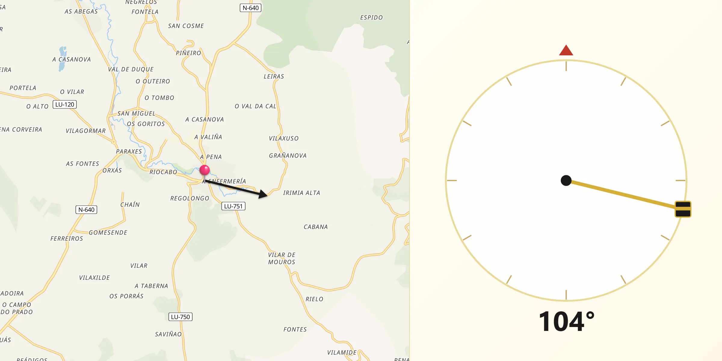 Dirección de la Qibla desde Meira