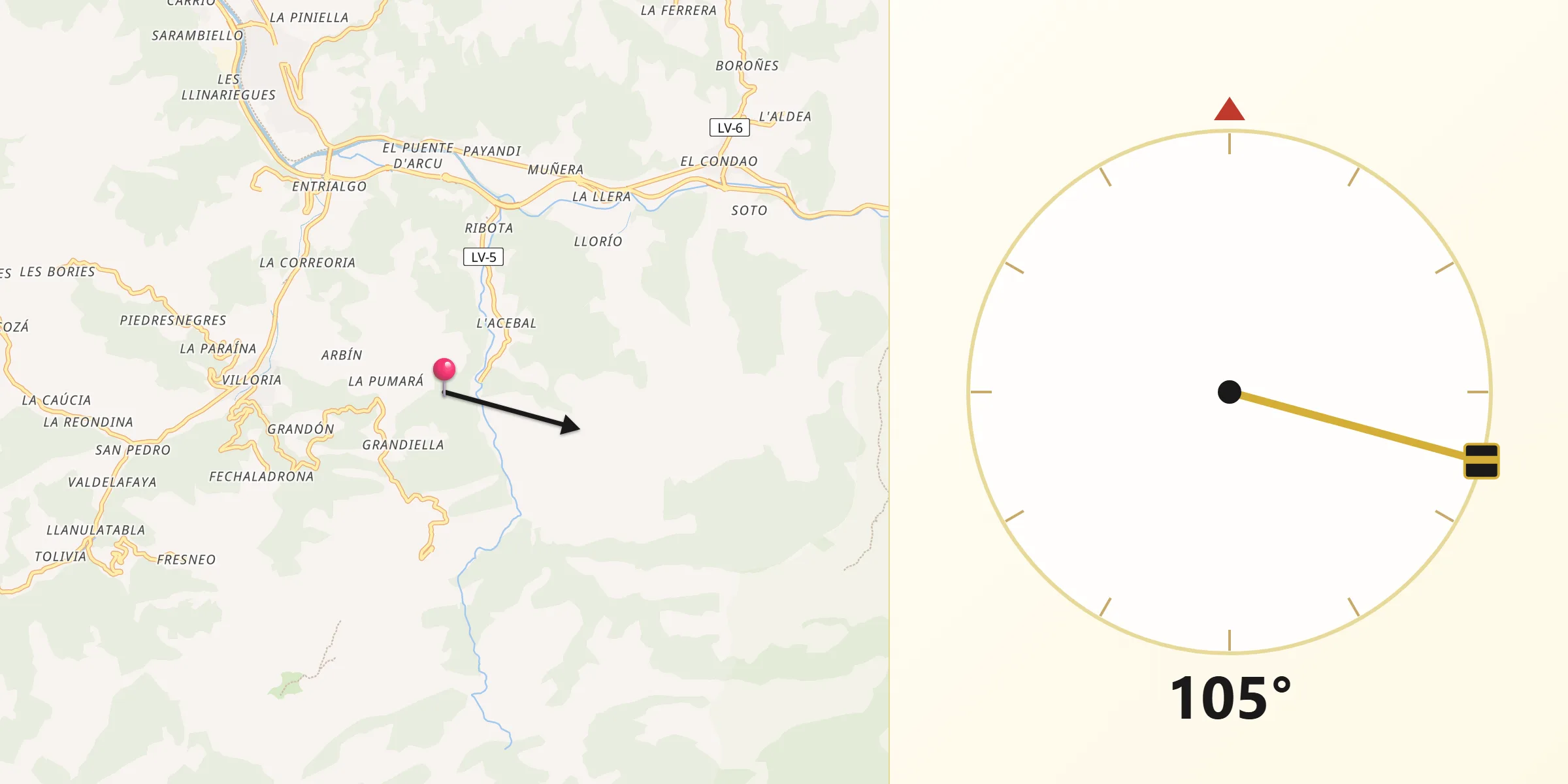 Dirección de la Qibla desde Laviana