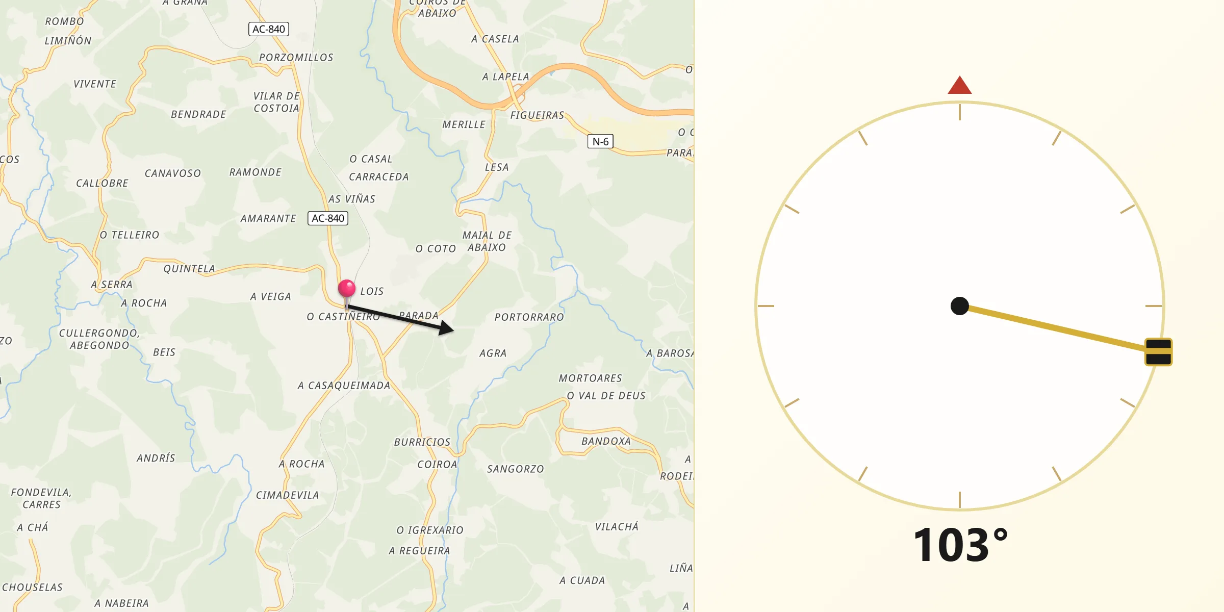 Dirección de la Qibla desde Oza dos Ríos