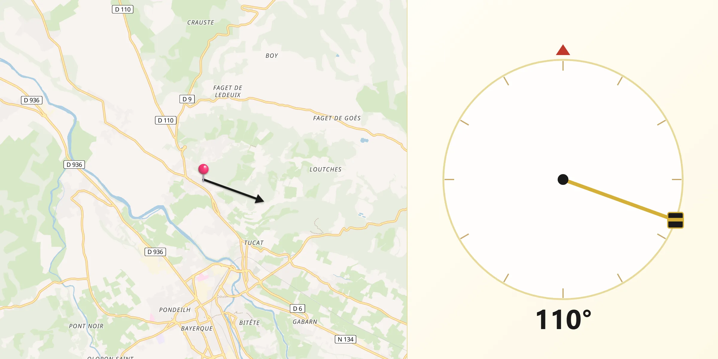 Direction vers la Qibla depuis Ledeuix