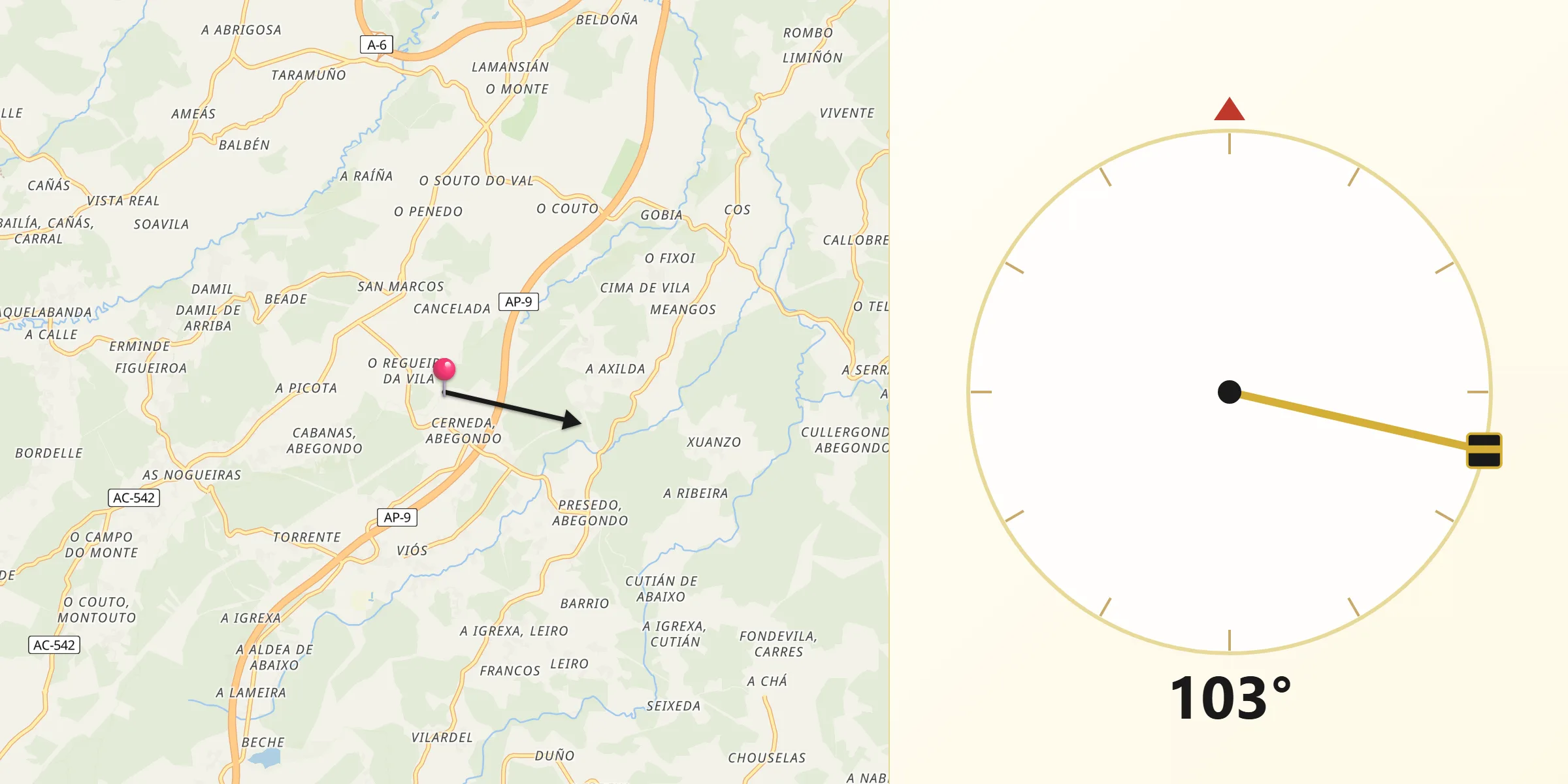 Dirección de la Qibla desde Abegondo