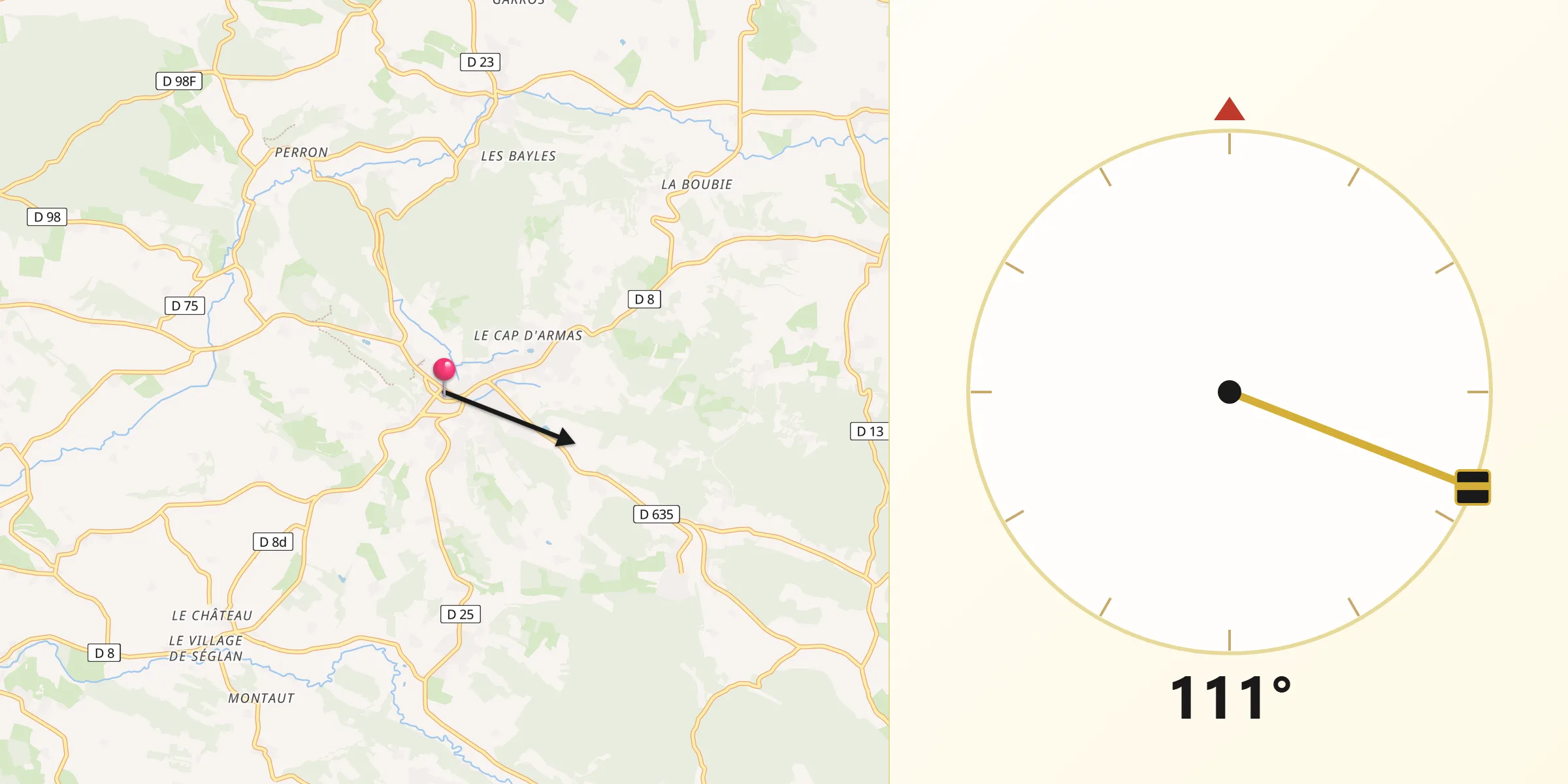 Direction vers la Qibla depuis Aurignac