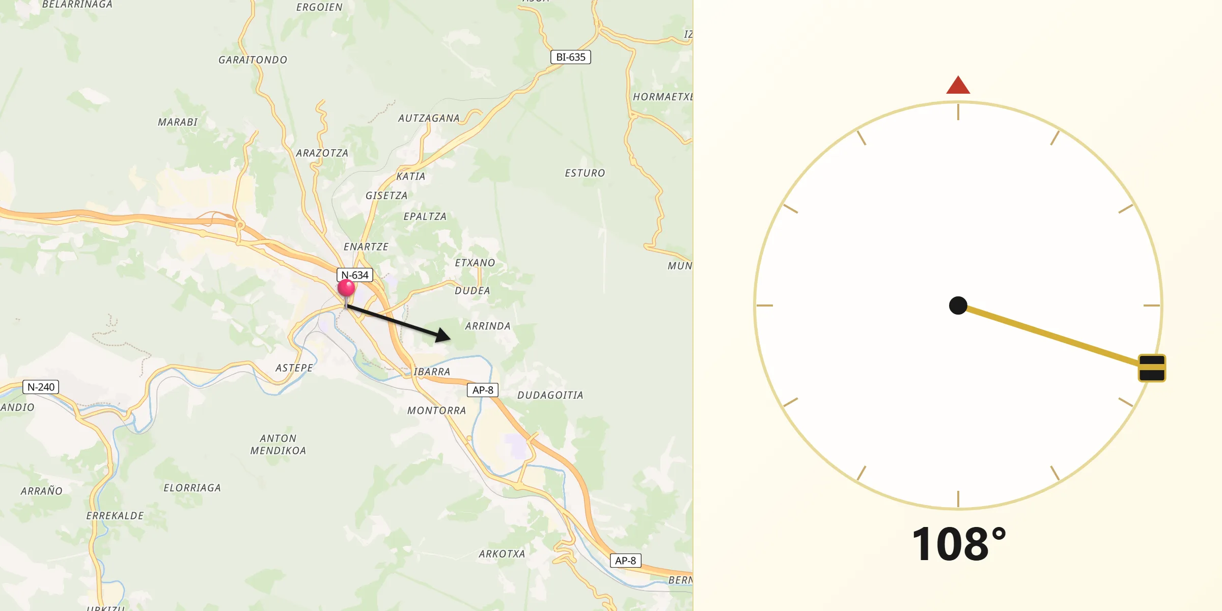 Dirección de la Qibla desde Amorebieta-Etxano