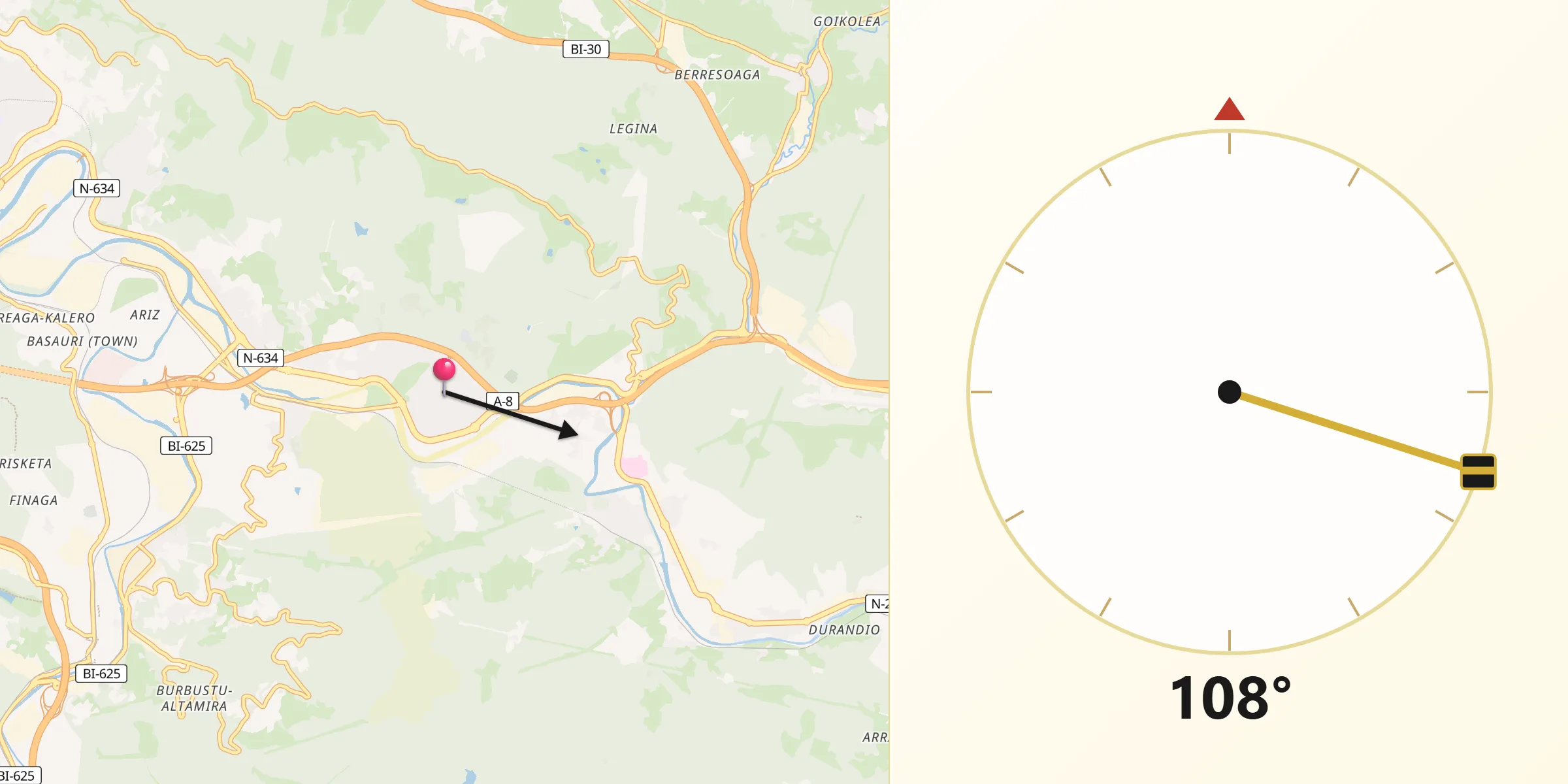 Dirección de la Qibla desde Galdácano