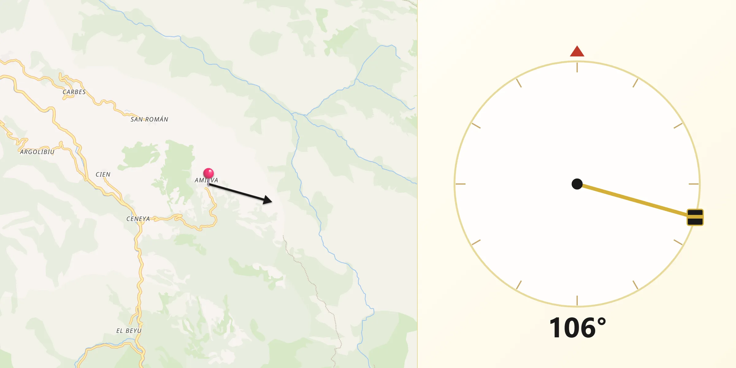 Dirección de la Qibla desde Amieva