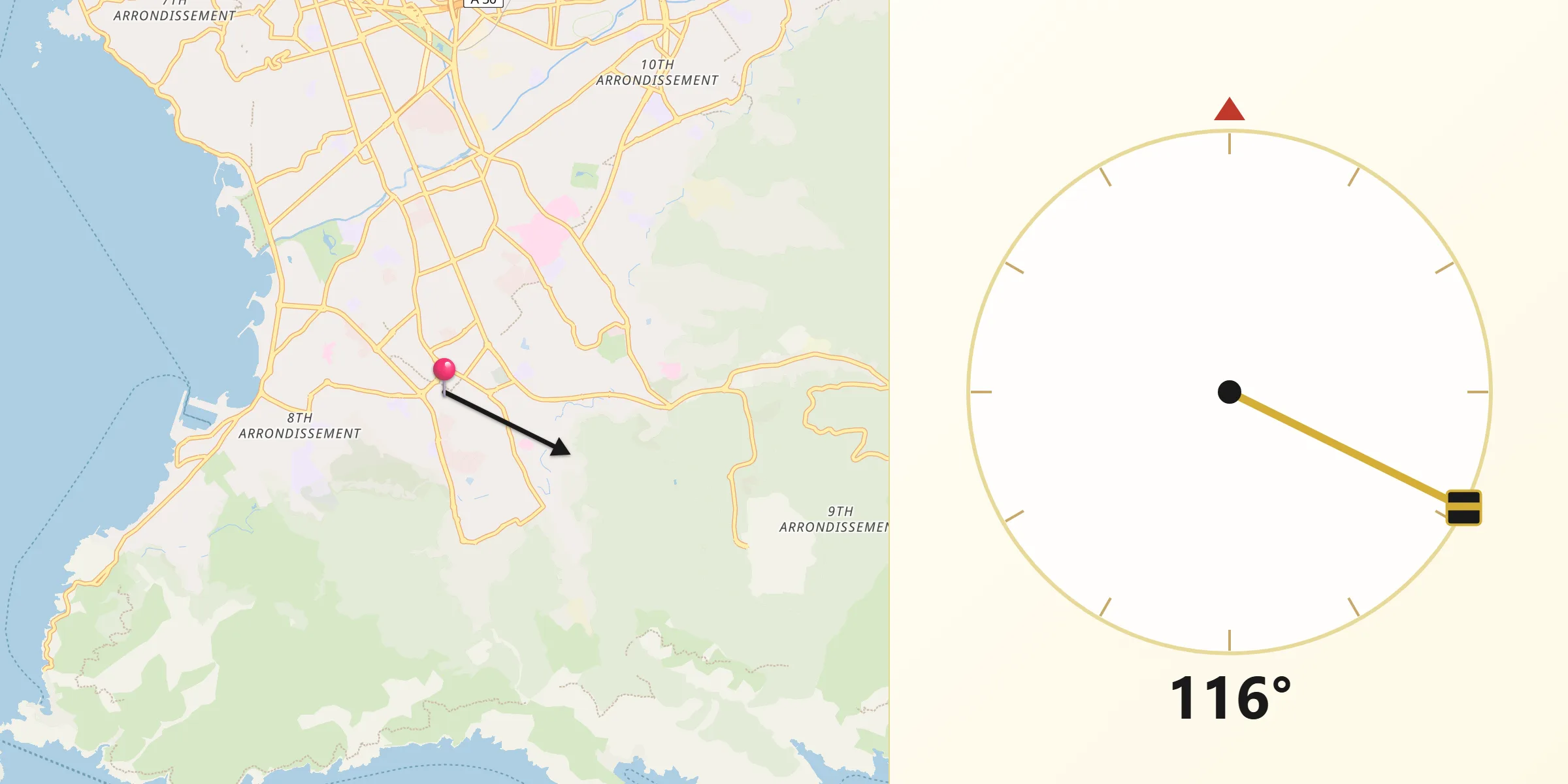 Direction vers la Qibla depuis Mazargues