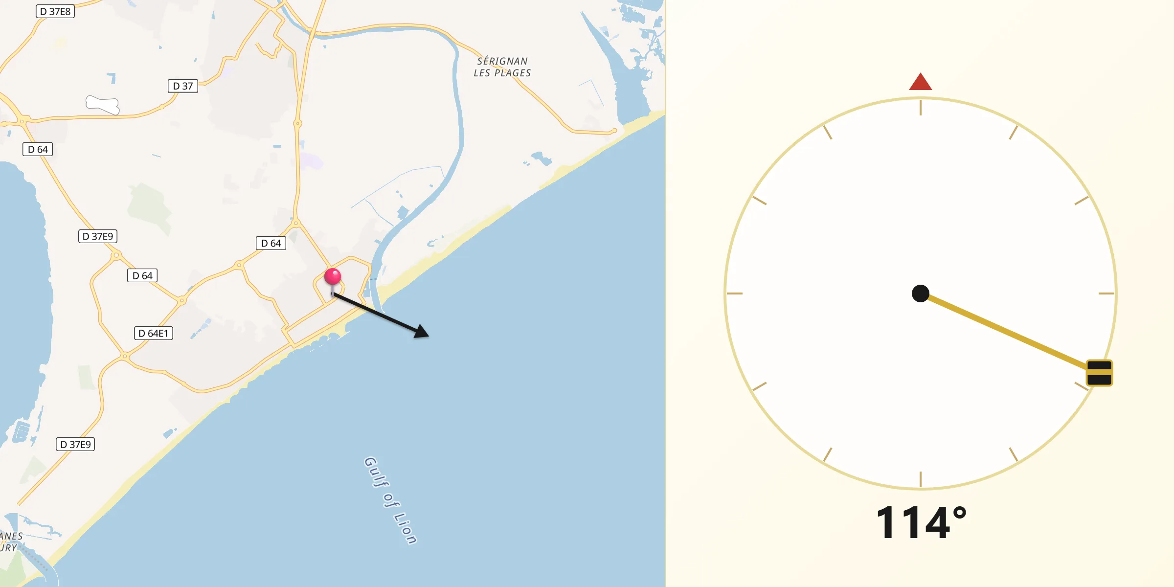 Direction vers la Qibla depuis Valras-Plage