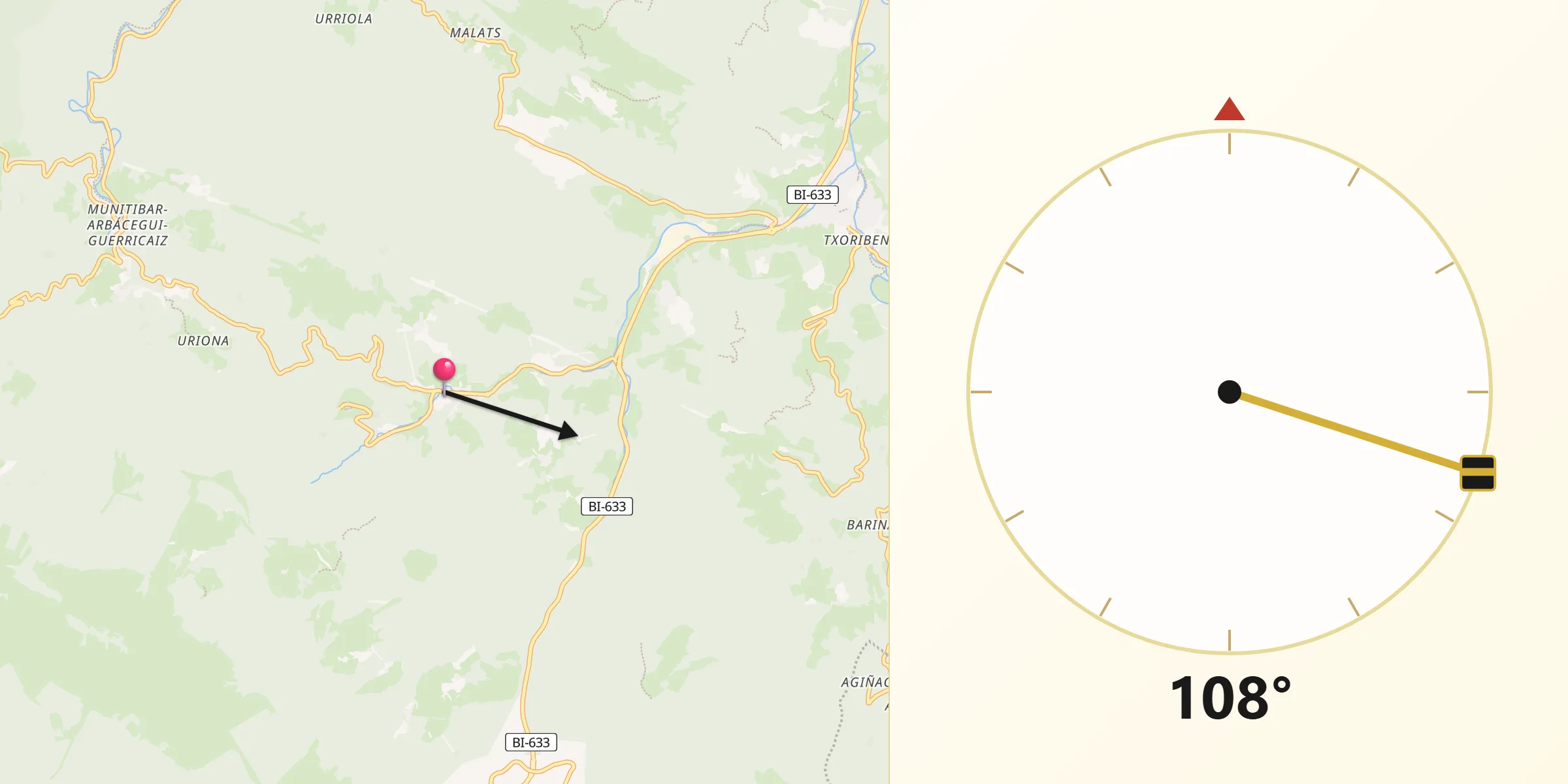 Dirección de la Qibla desde Ziortza-Bolibar