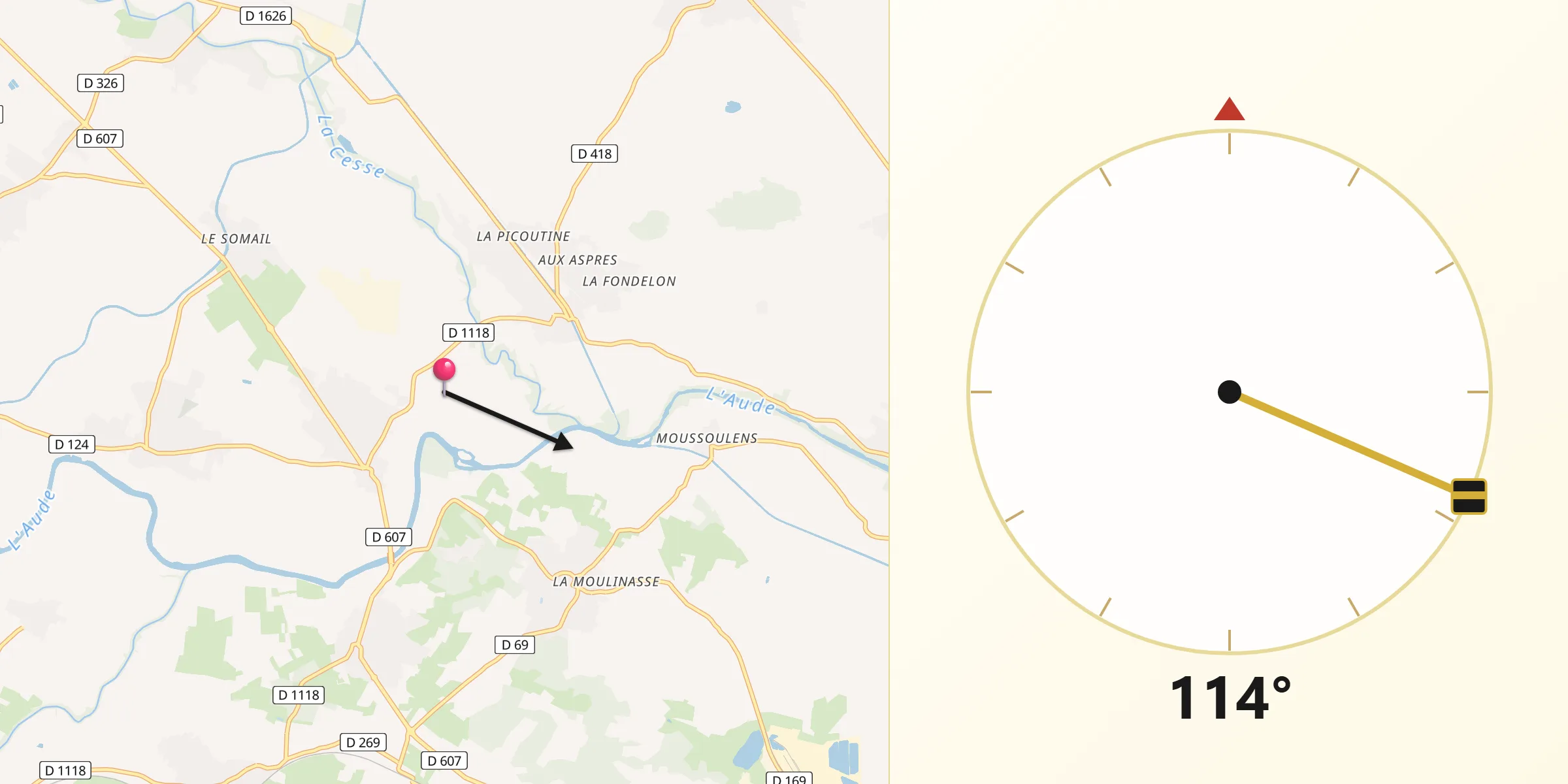 Direction vers la Qibla depuis Saint-Marcel-sur-Aude
