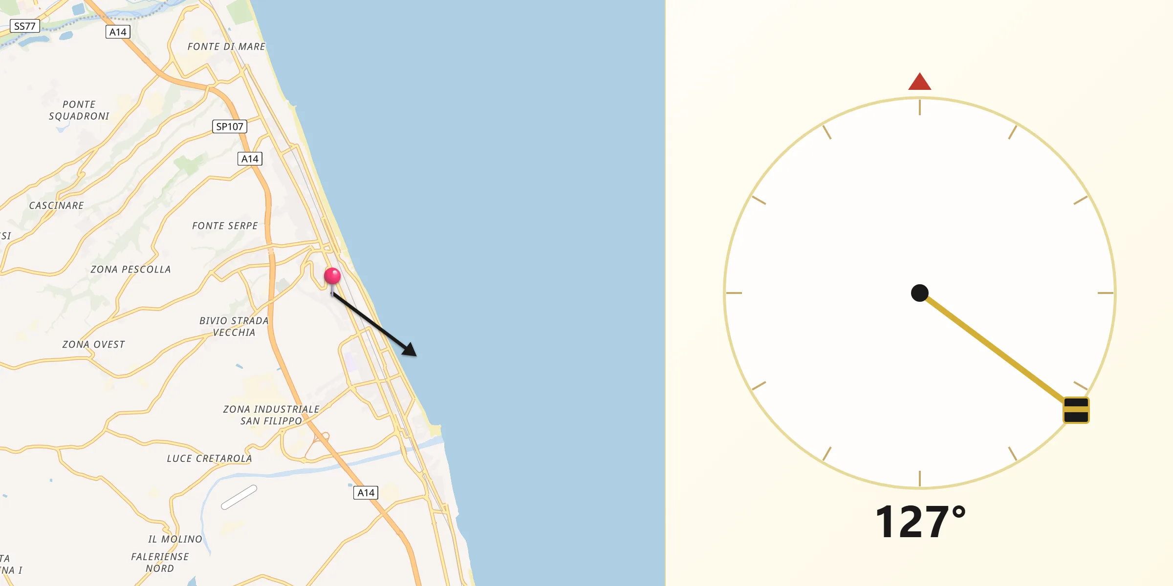 Direzione della Qibla da Porto Sant'Elpidio