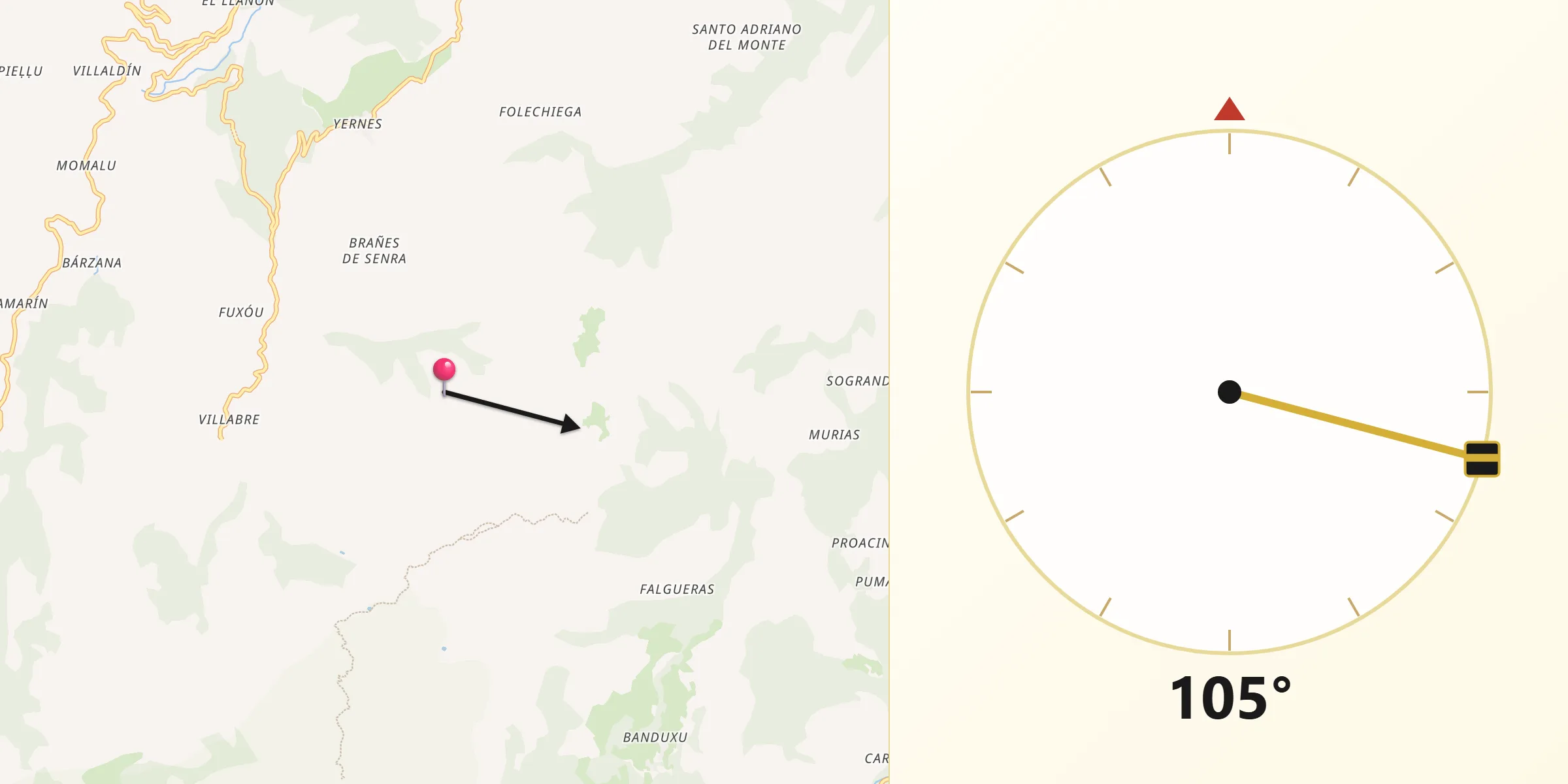 Dirección de la Qibla desde Yernes y Tameza