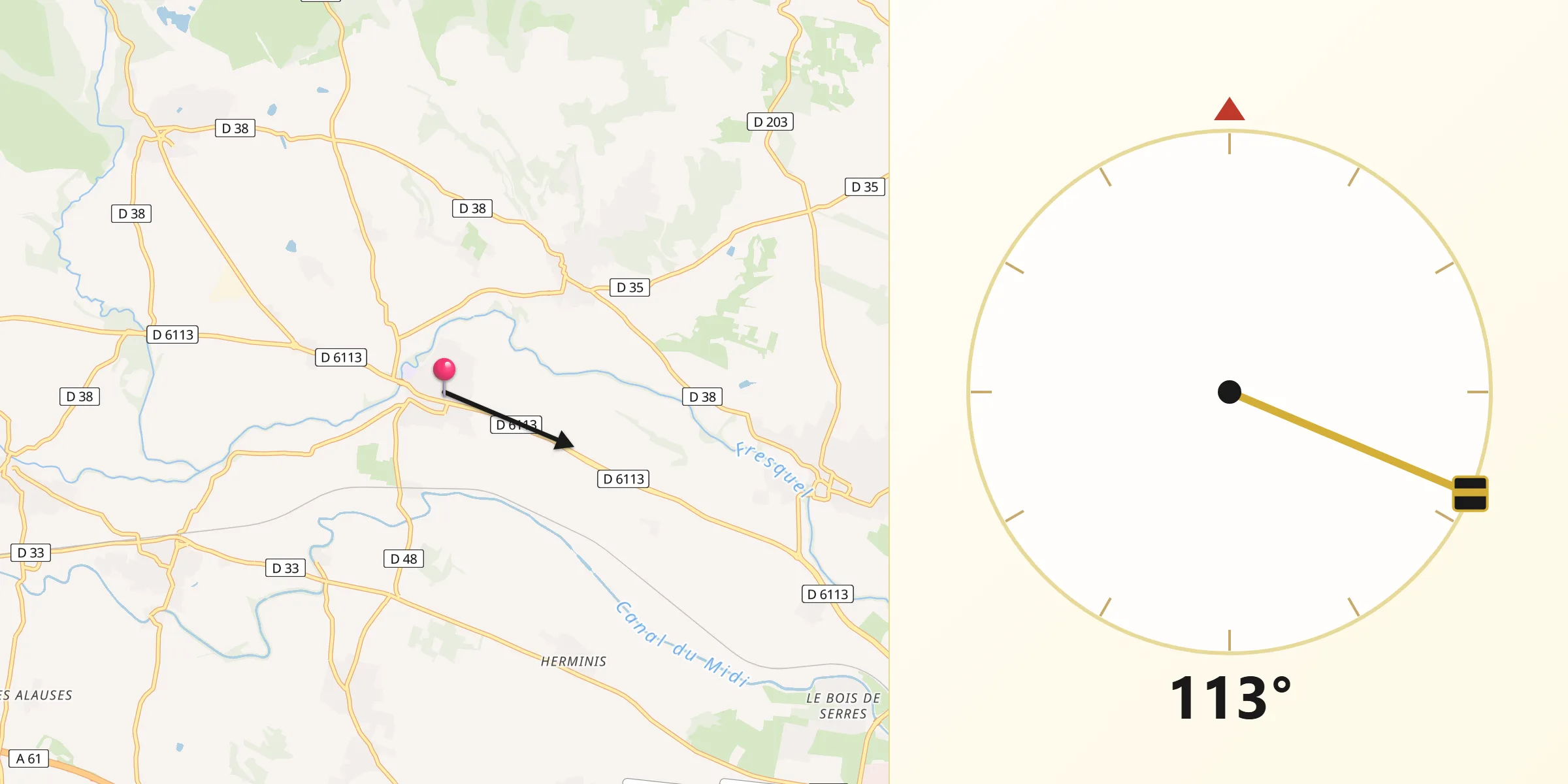 Direction vers la Qibla depuis Pezens