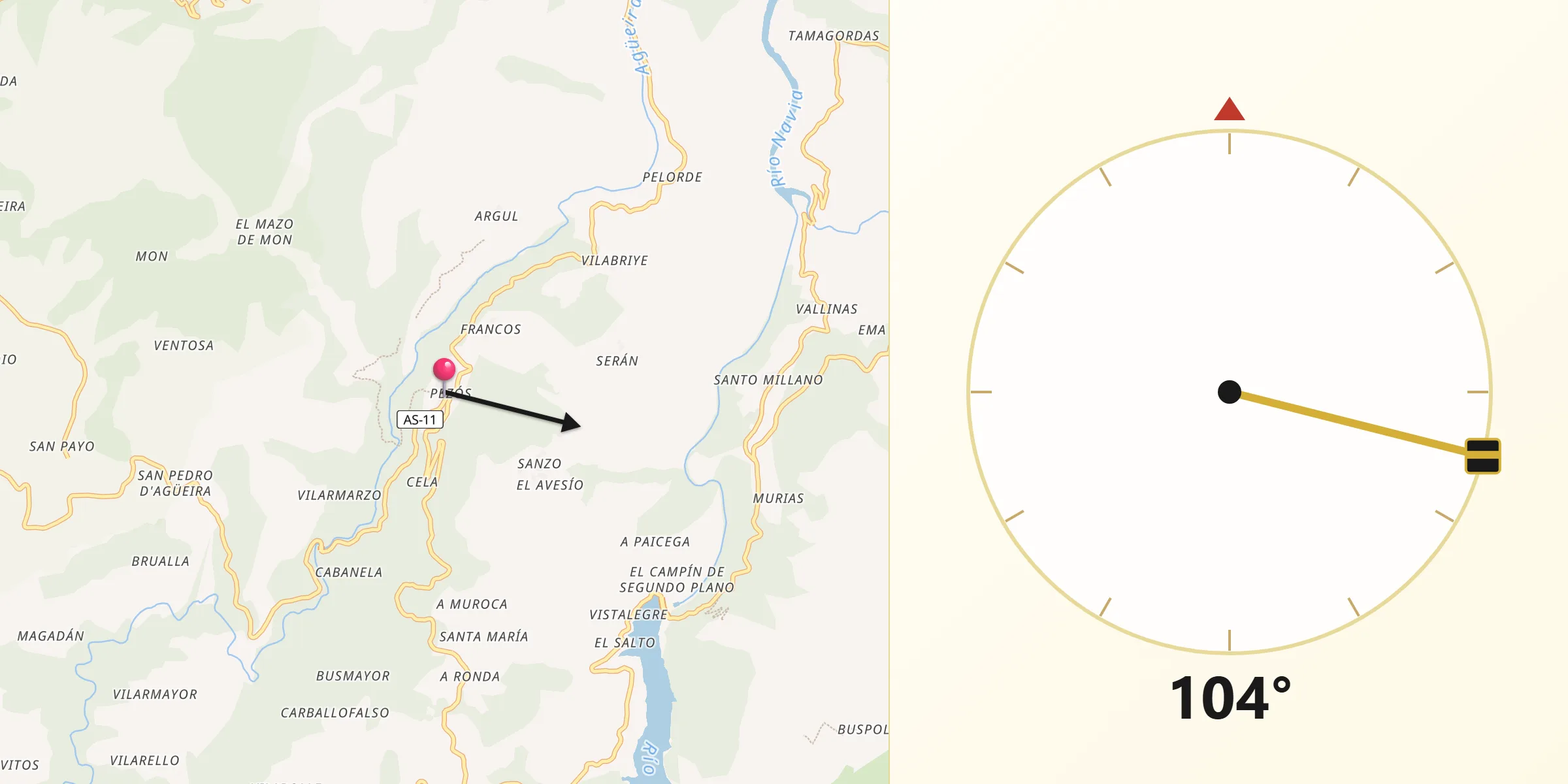 Dirección de la Qibla desde Pesoz