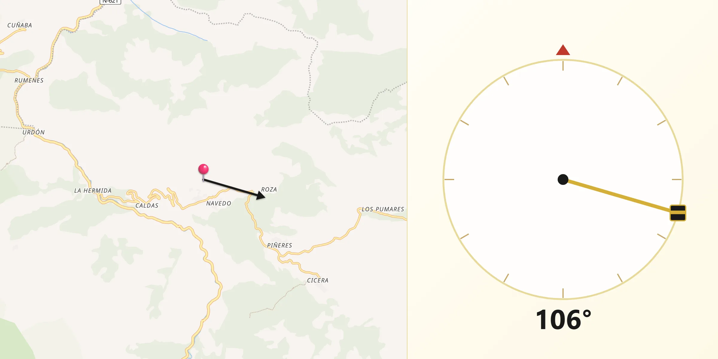 Dirección de la Qibla desde Peñarrubia