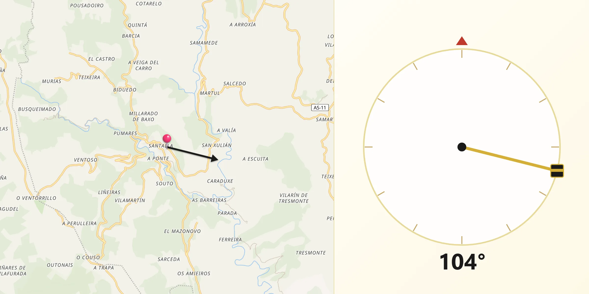 Dirección de la Qibla desde Santa Eulalia de Oscos