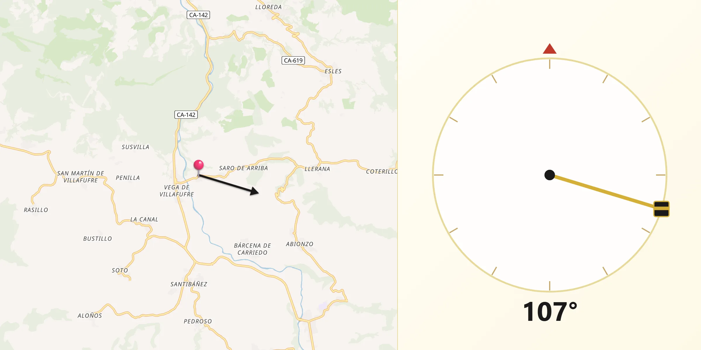 Dirección de la Qibla desde Saro