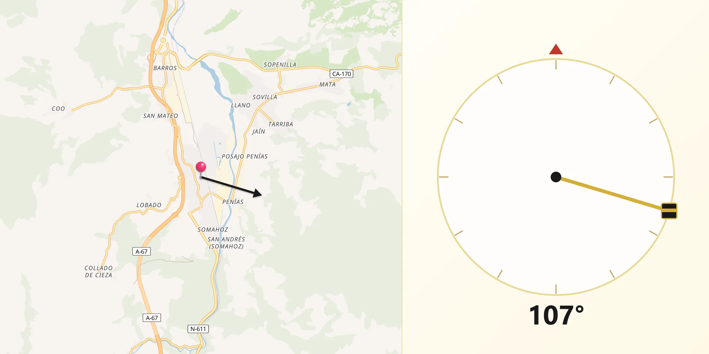 Dirección de la Qibla desde Corrales de Buelna Los