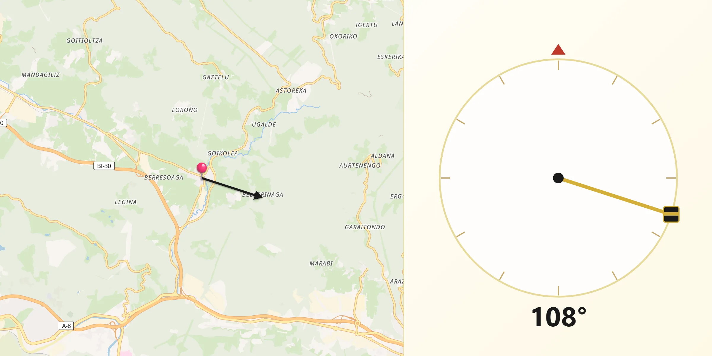 Dirección de la Qibla desde Larrabetzu