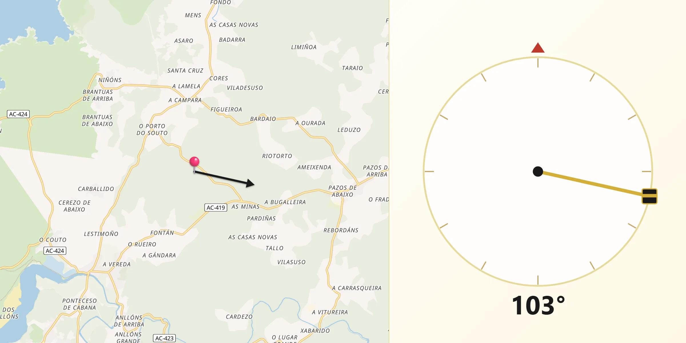 Dirección de la Qibla desde Ponteceso