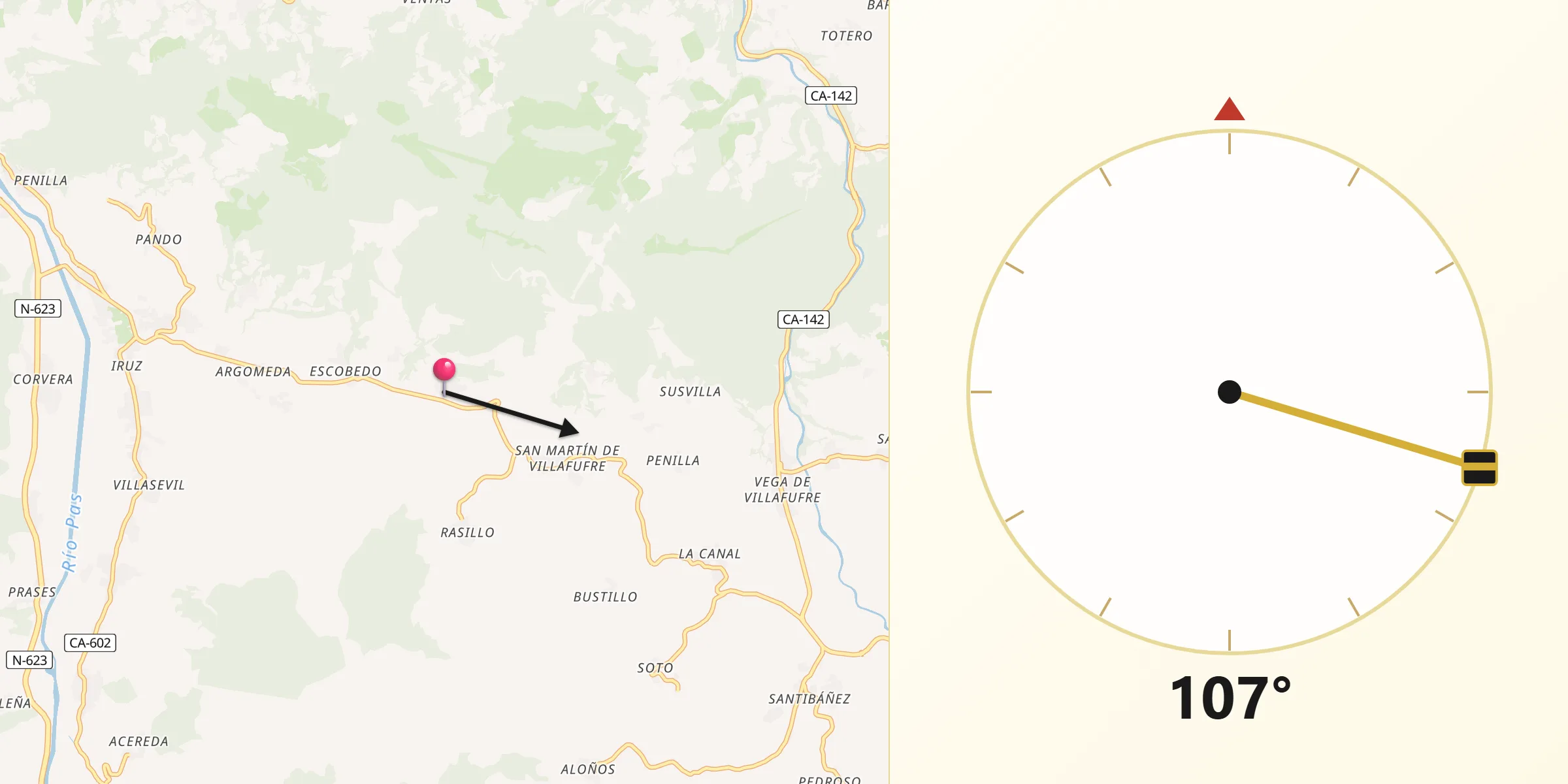 Dirección de la Qibla desde Villafufre