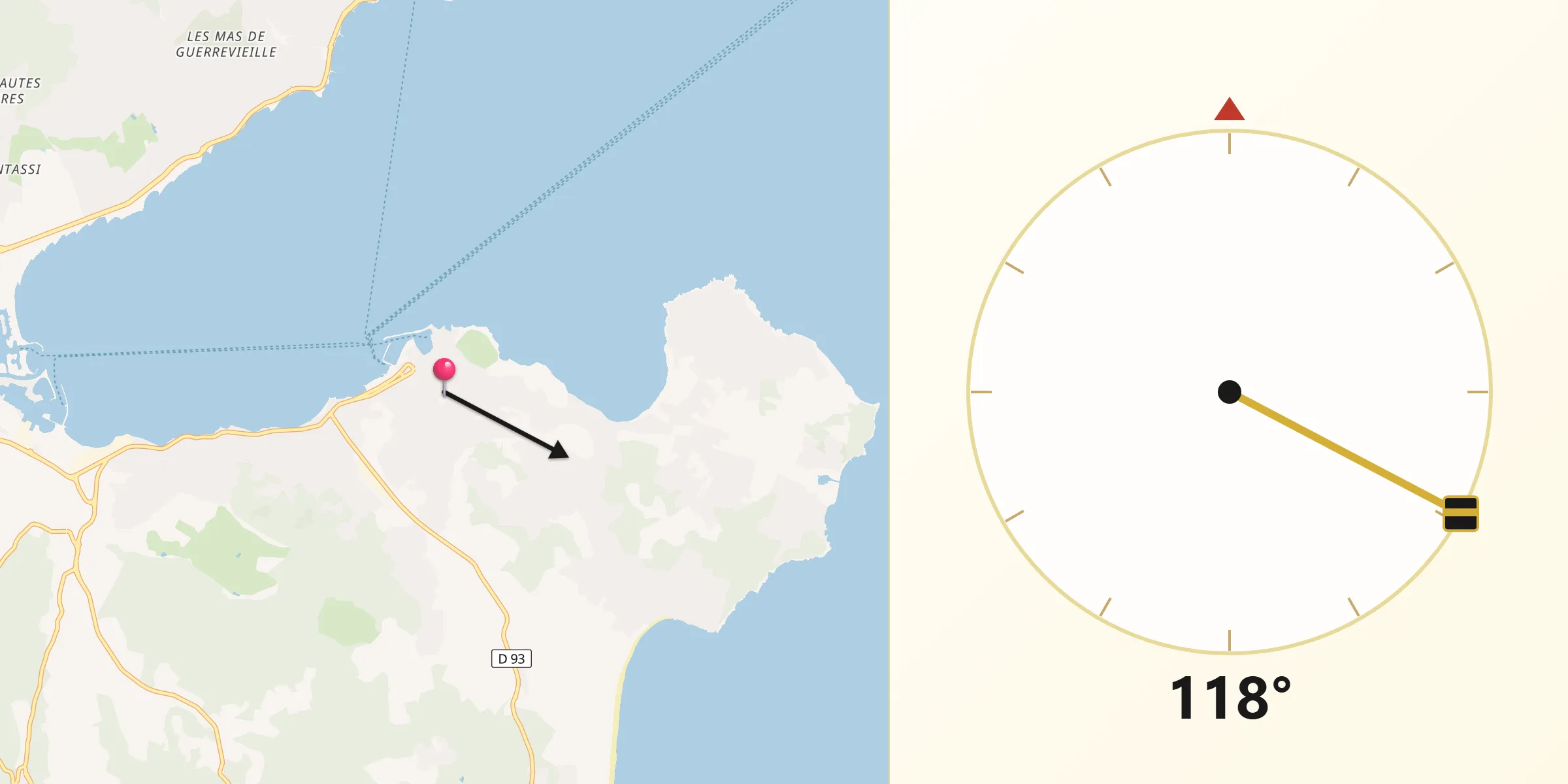 Direction vers la Qibla depuis Saint-Tropez