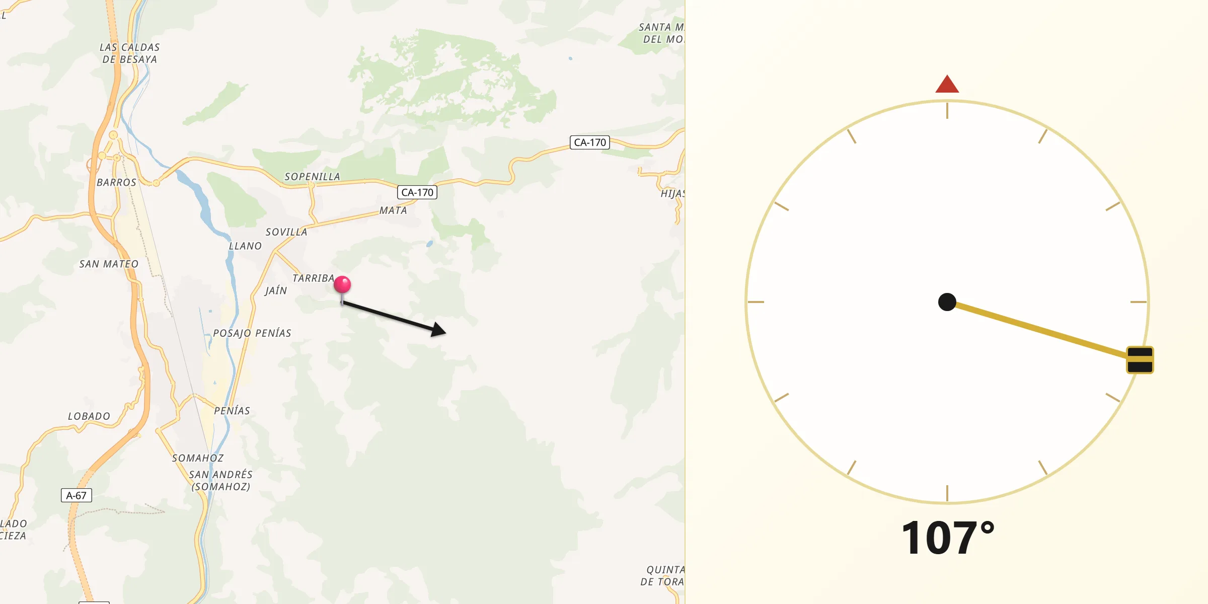 Dirección de la Qibla desde San Felices de Buelna