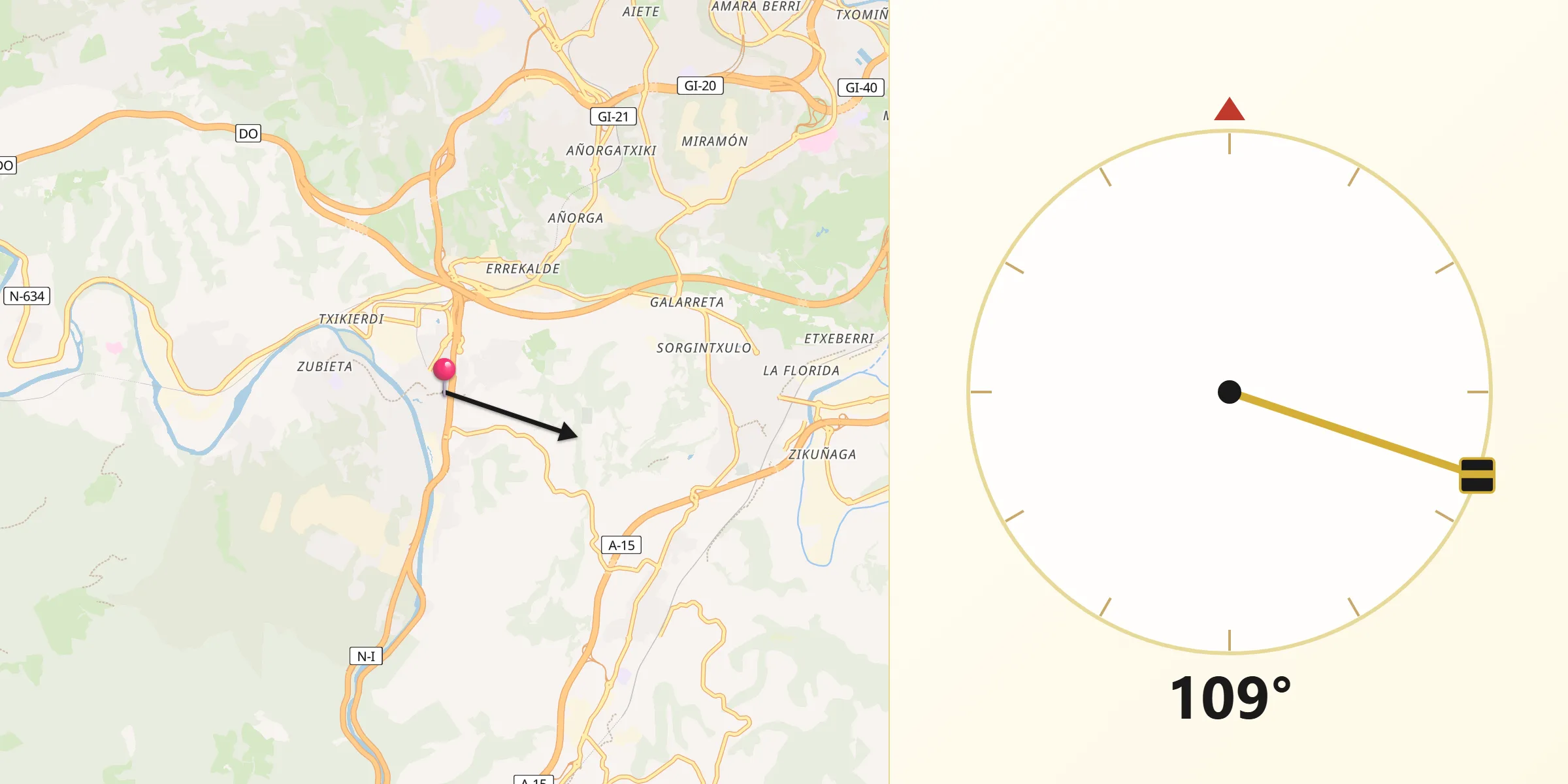Dirección de la Qibla desde Lasarte-Oria