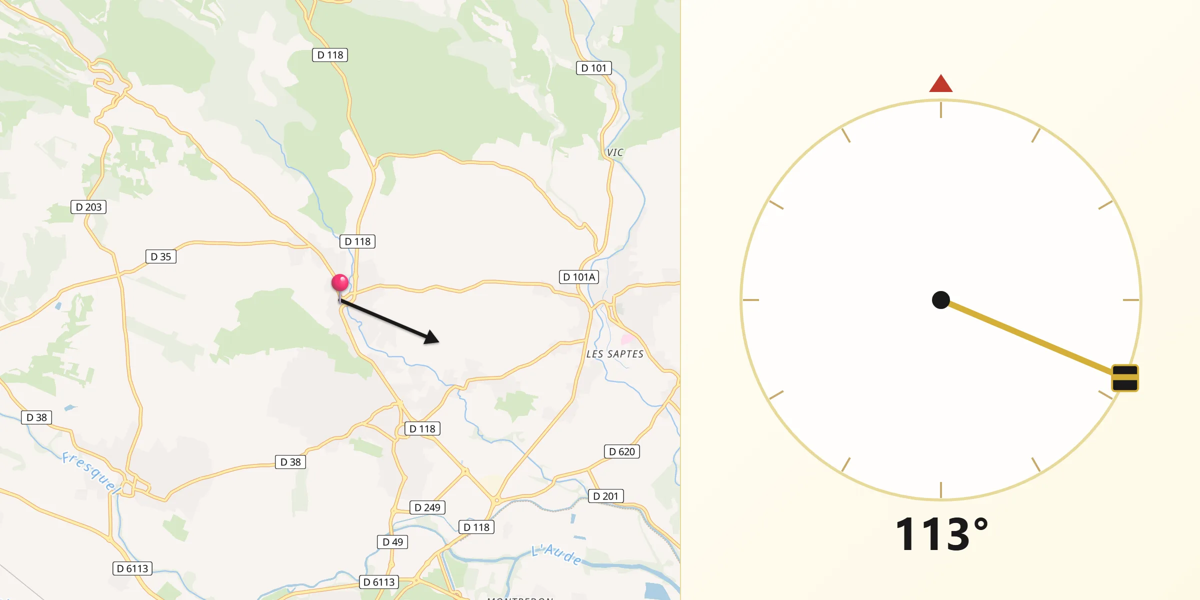 Direction vers la Qibla depuis Villegailhenc