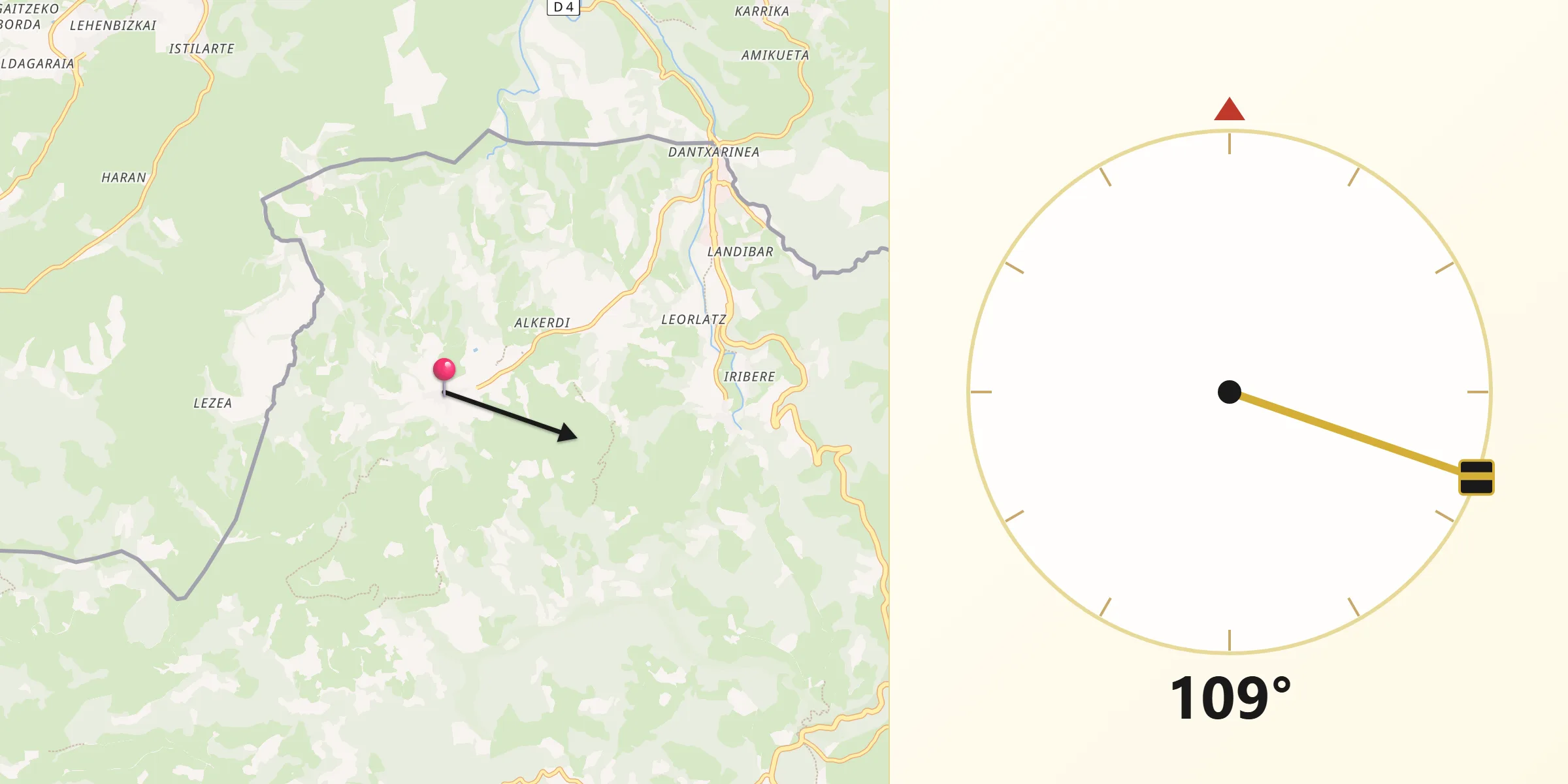 Dirección de la Qibla desde Zugarramurdi
