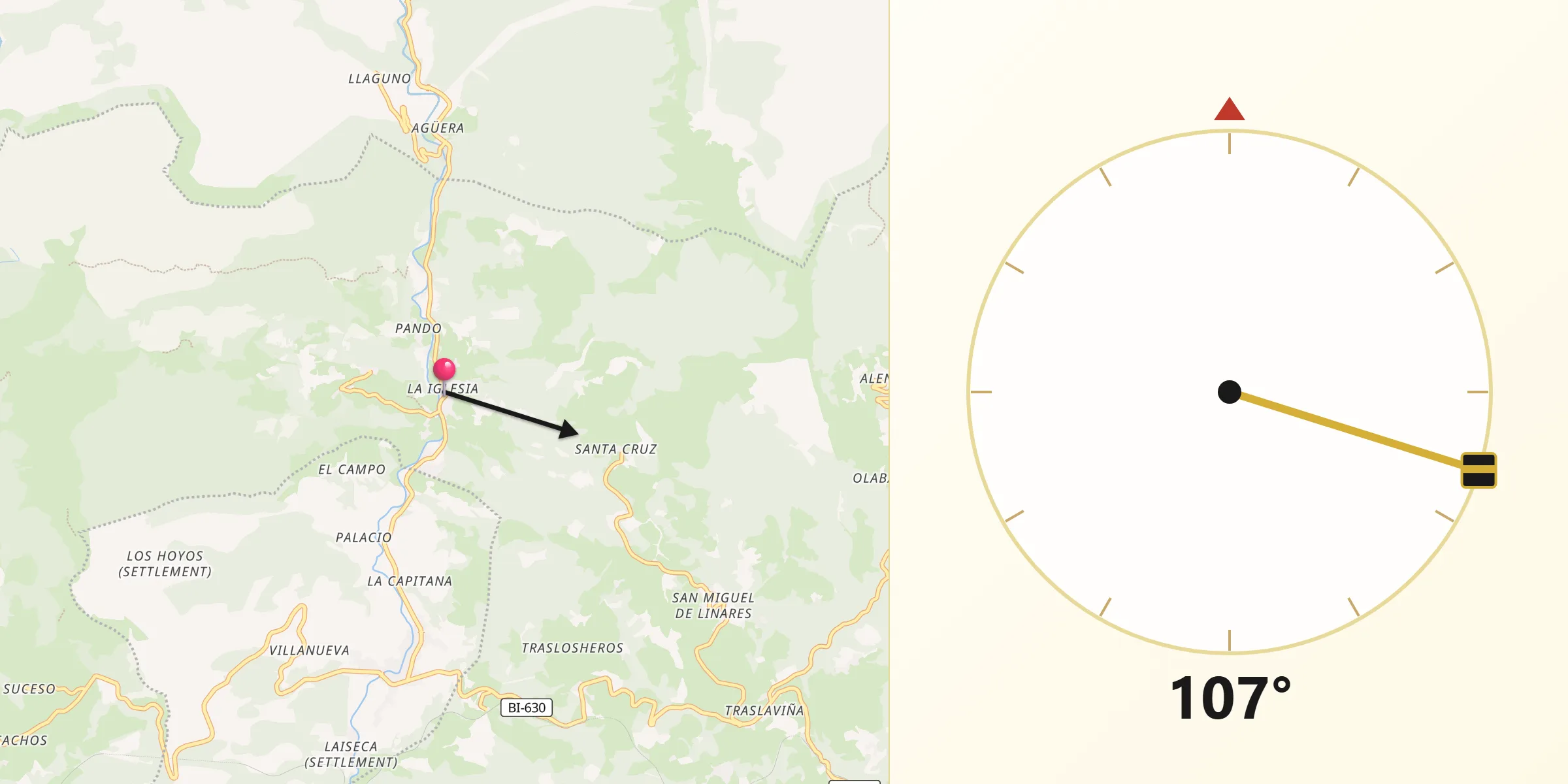 Dirección de la Qibla desde Trucios-Turtzioz