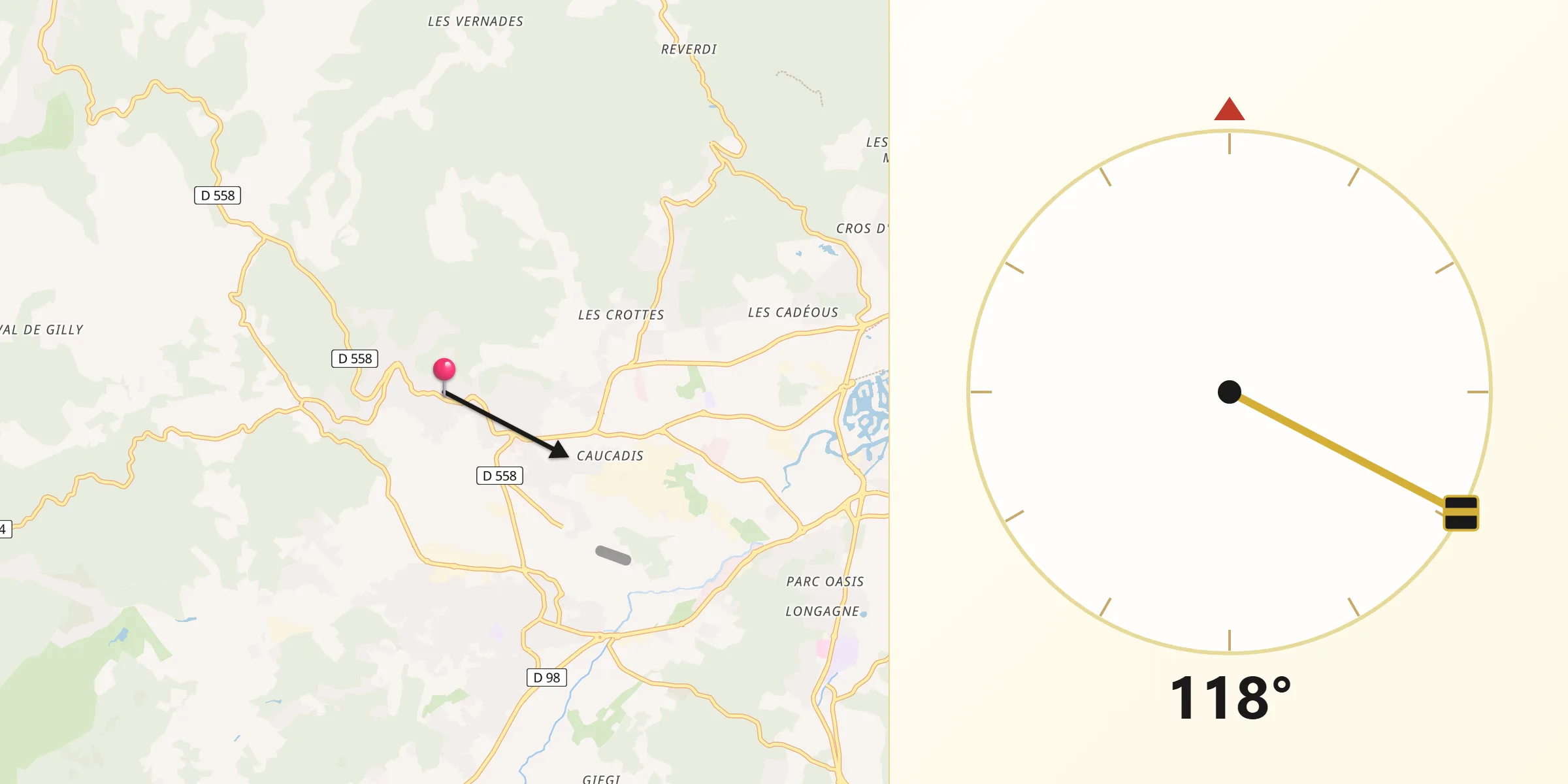 Direction vers la Qibla depuis Grimaud