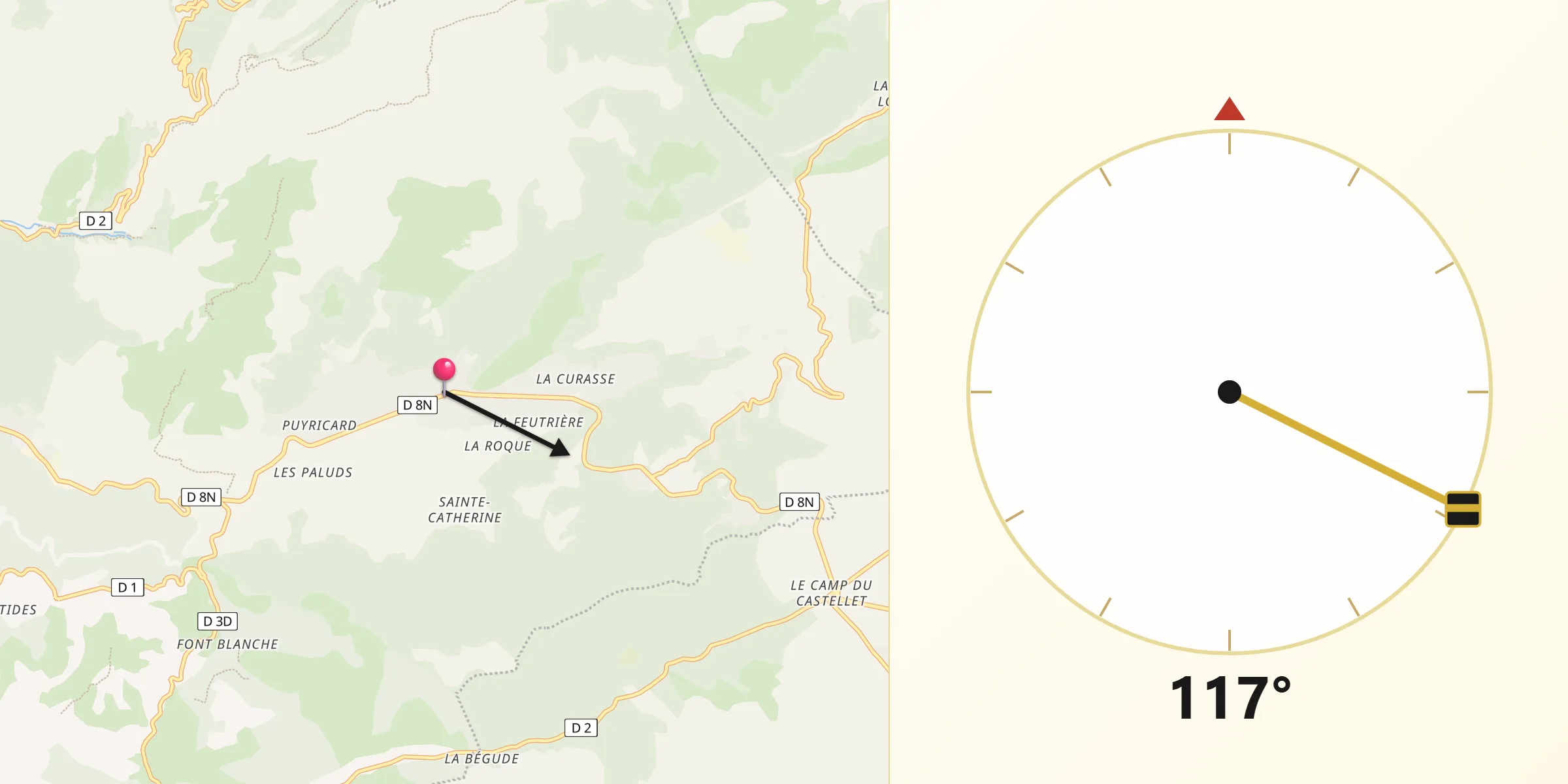 Direction vers la Qibla depuis Cuges-les-Pins