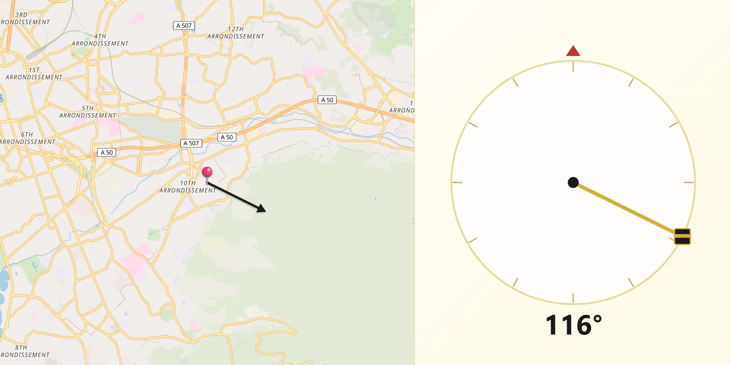Direction vers la Qibla depuis Saint-Loup