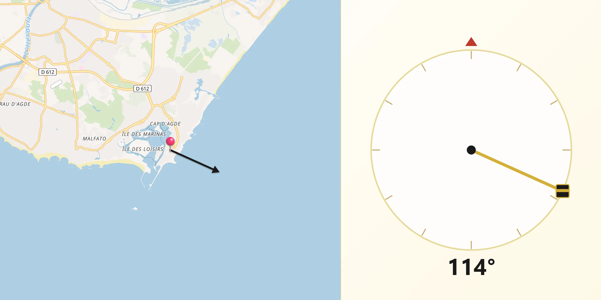 Direction vers la Qibla depuis Le Cap d'Agde