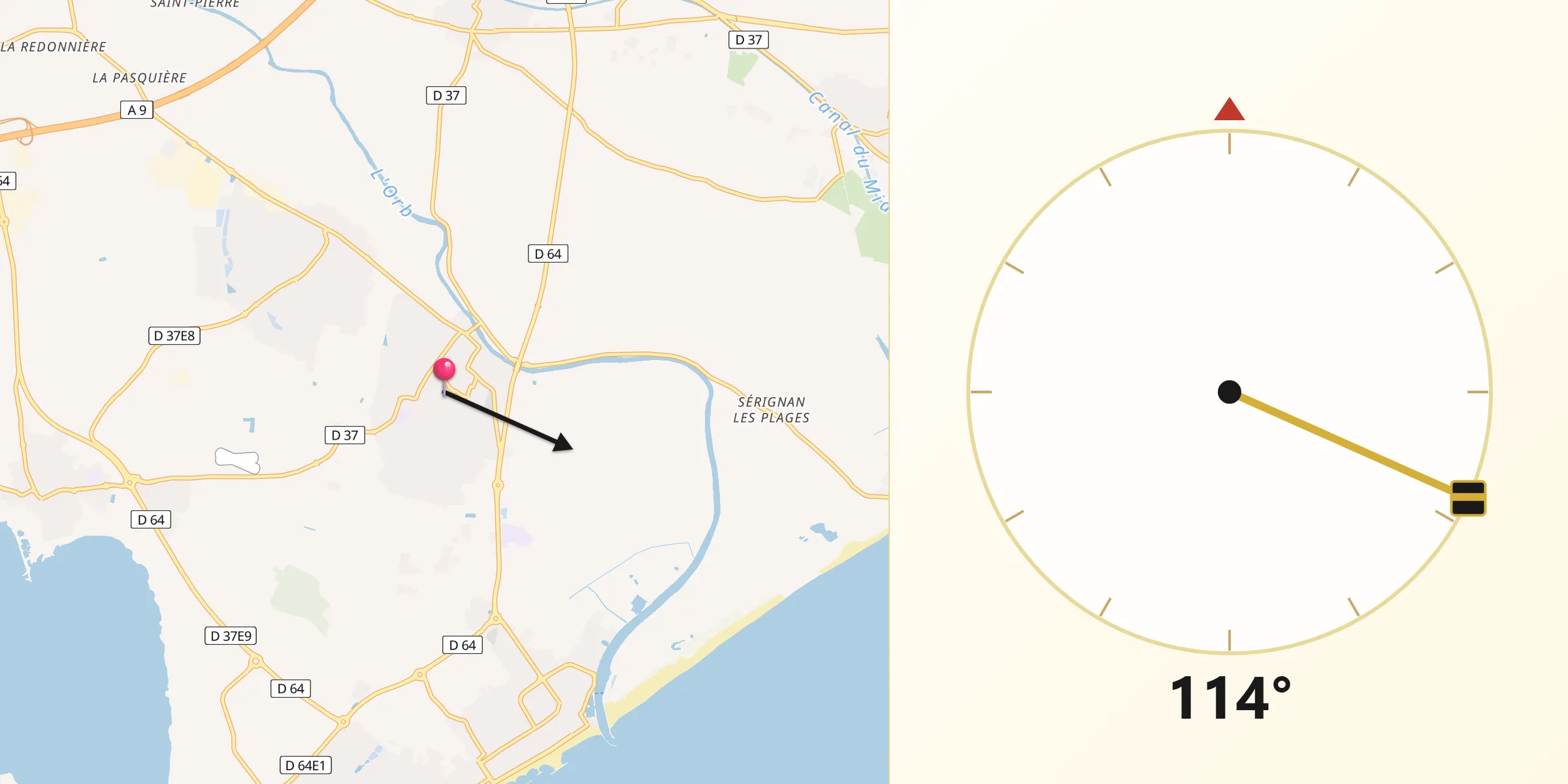 Direction vers la Qibla depuis Sérignan