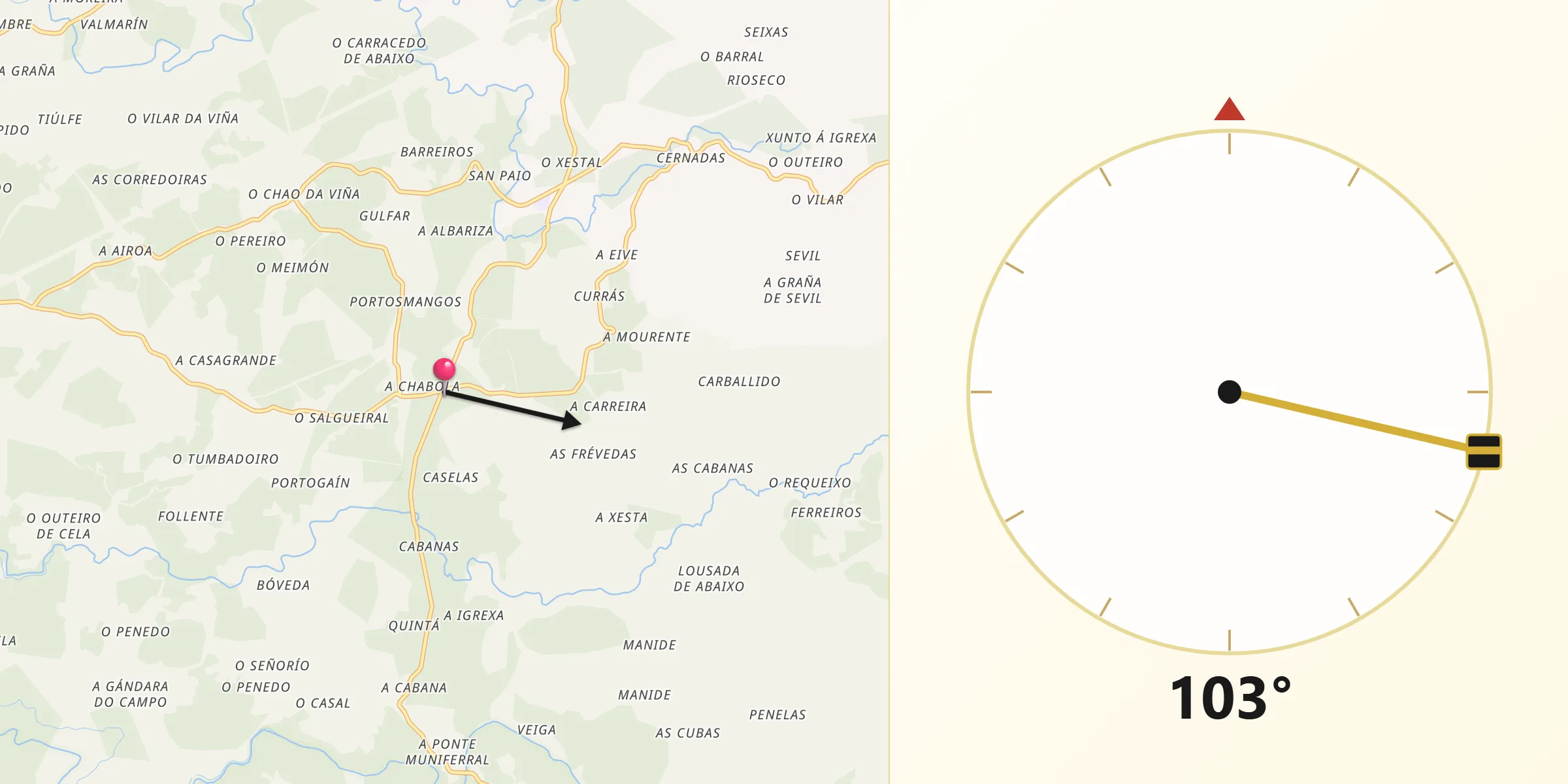 Dirección de la Qibla desde Irixoa