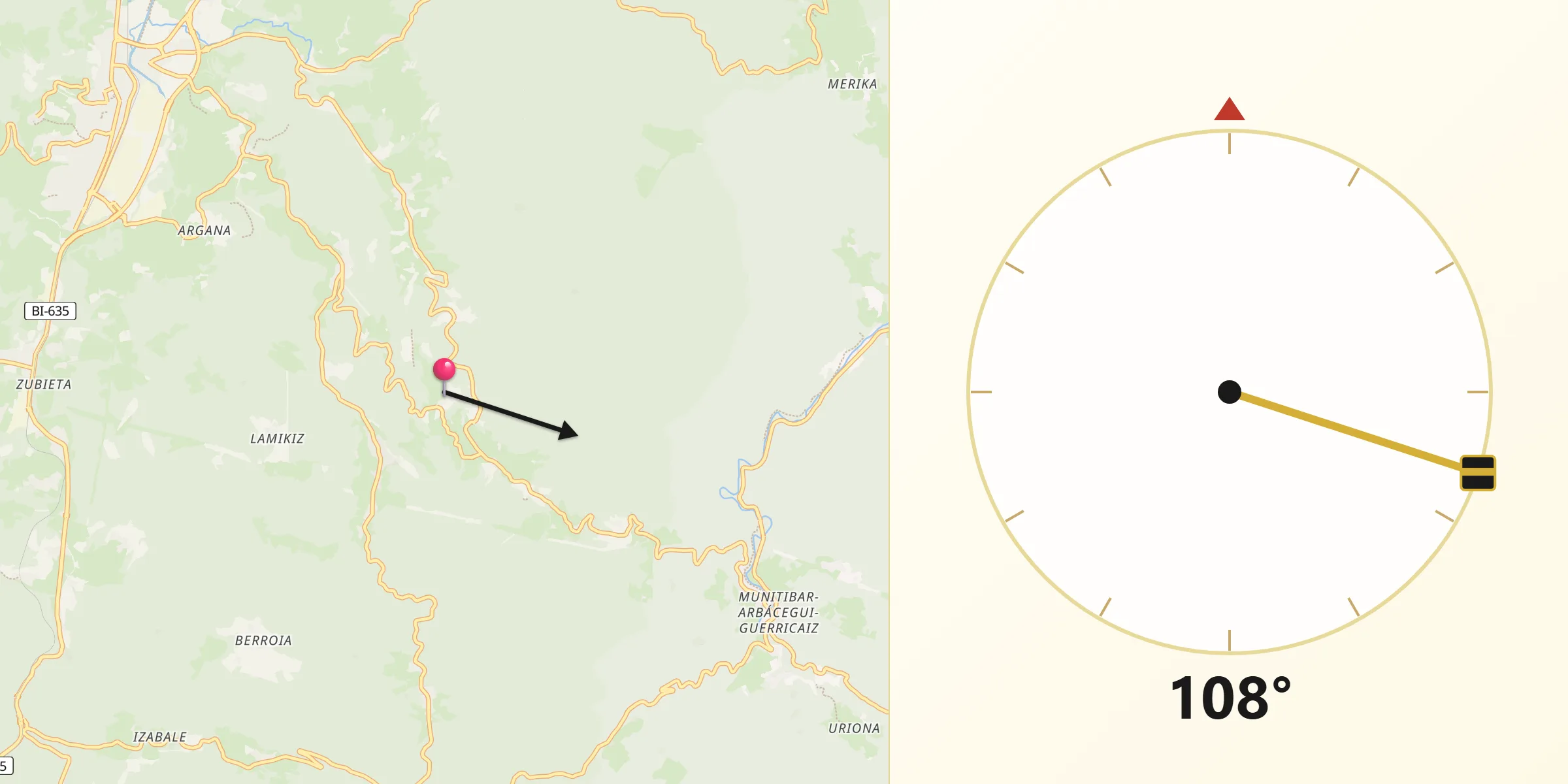 Dirección de la Qibla desde Mendata