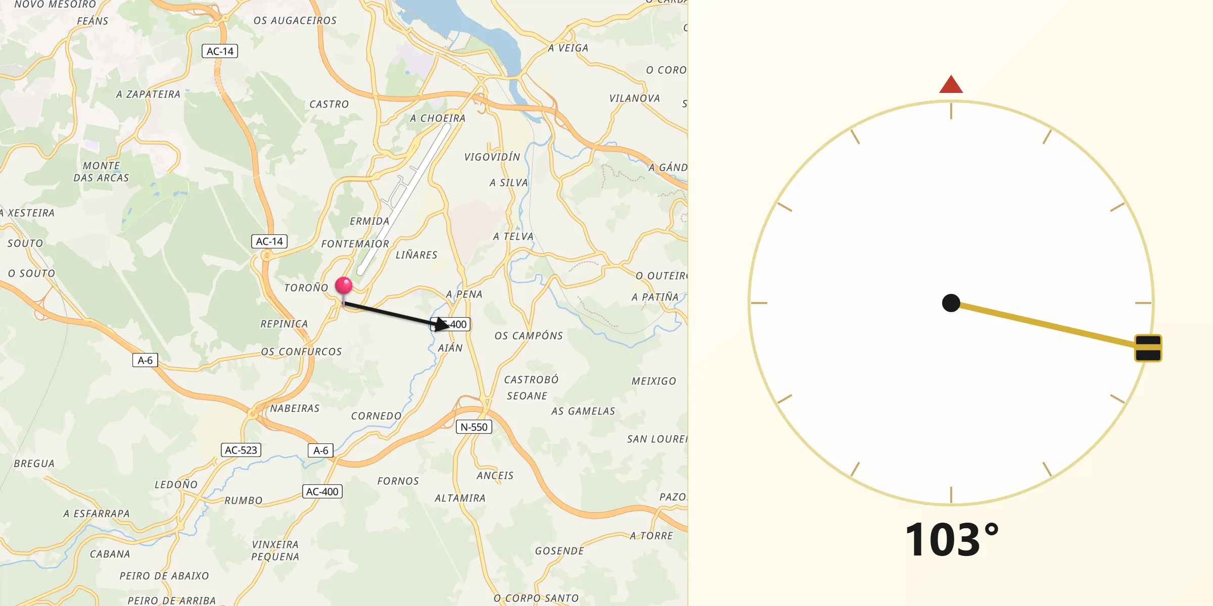 Dirección de la Qibla desde Culleredo
