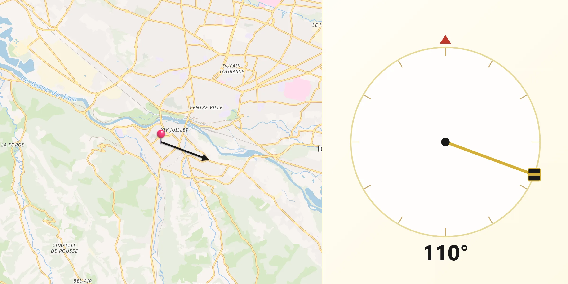 Direction vers la Qibla depuis Jurançon