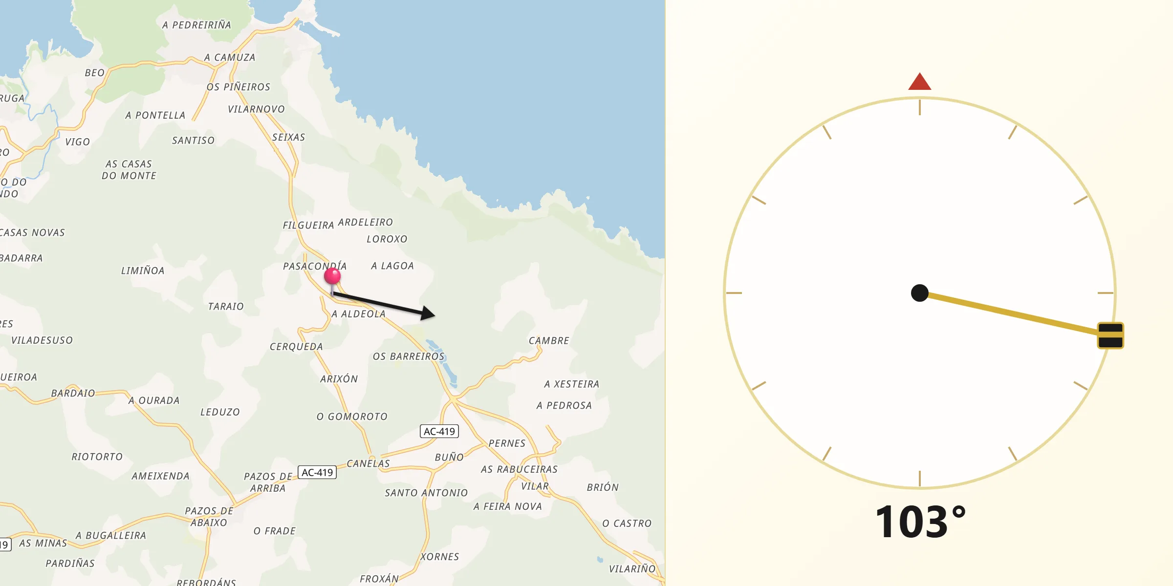Dirección de la Qibla desde Malpica de Bergantiños