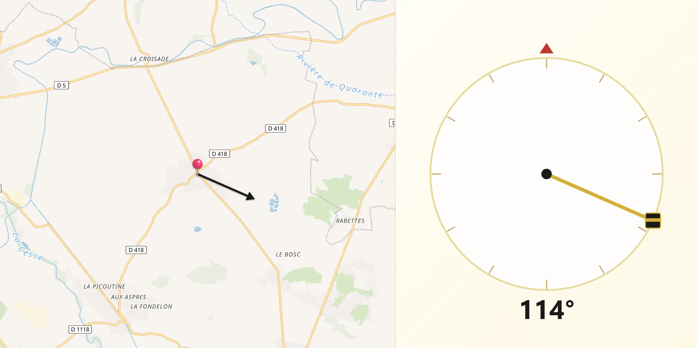 Direction vers la Qibla depuis Ouveillan