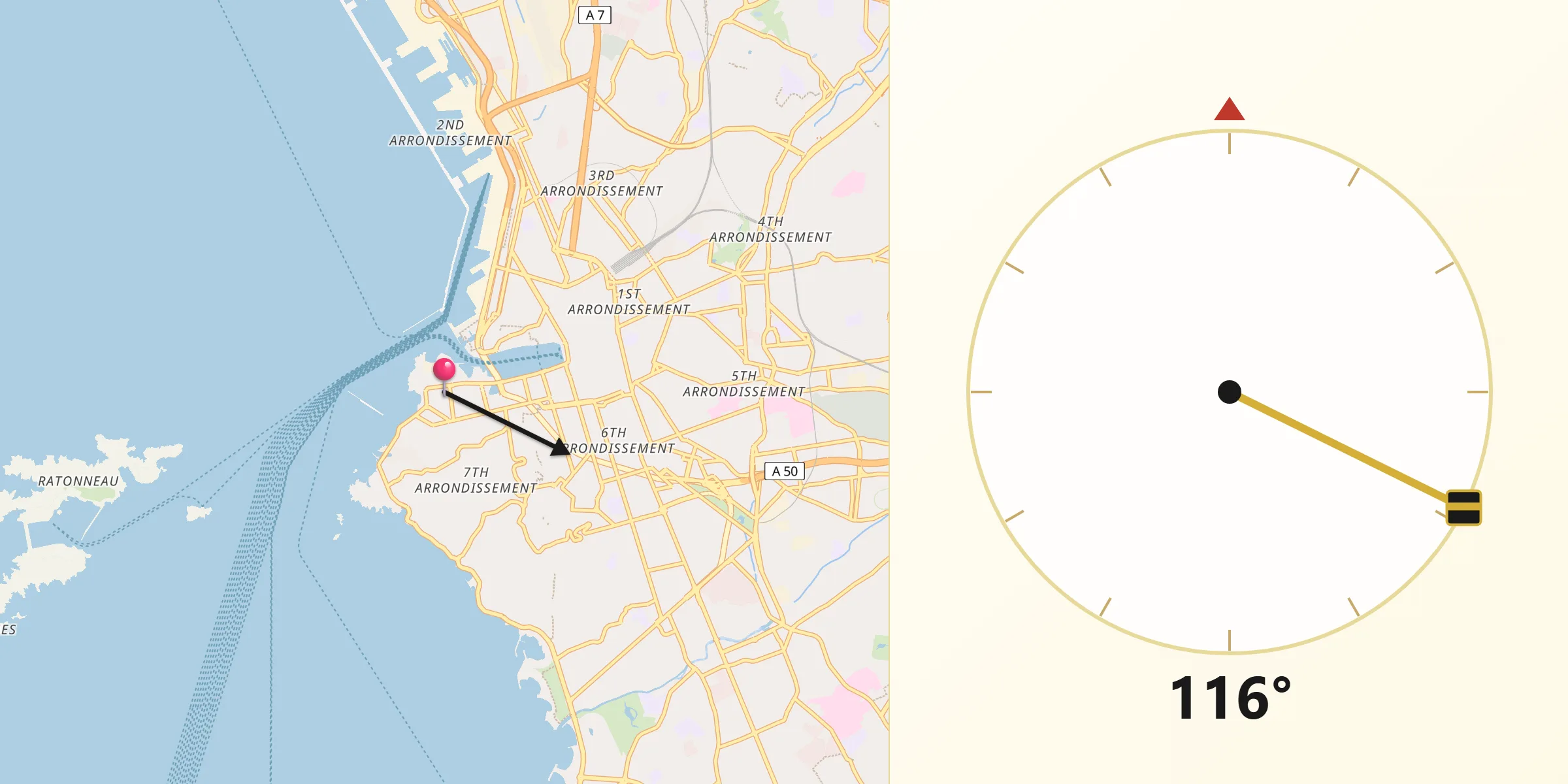 Direction vers la Qibla depuis Le Pharo